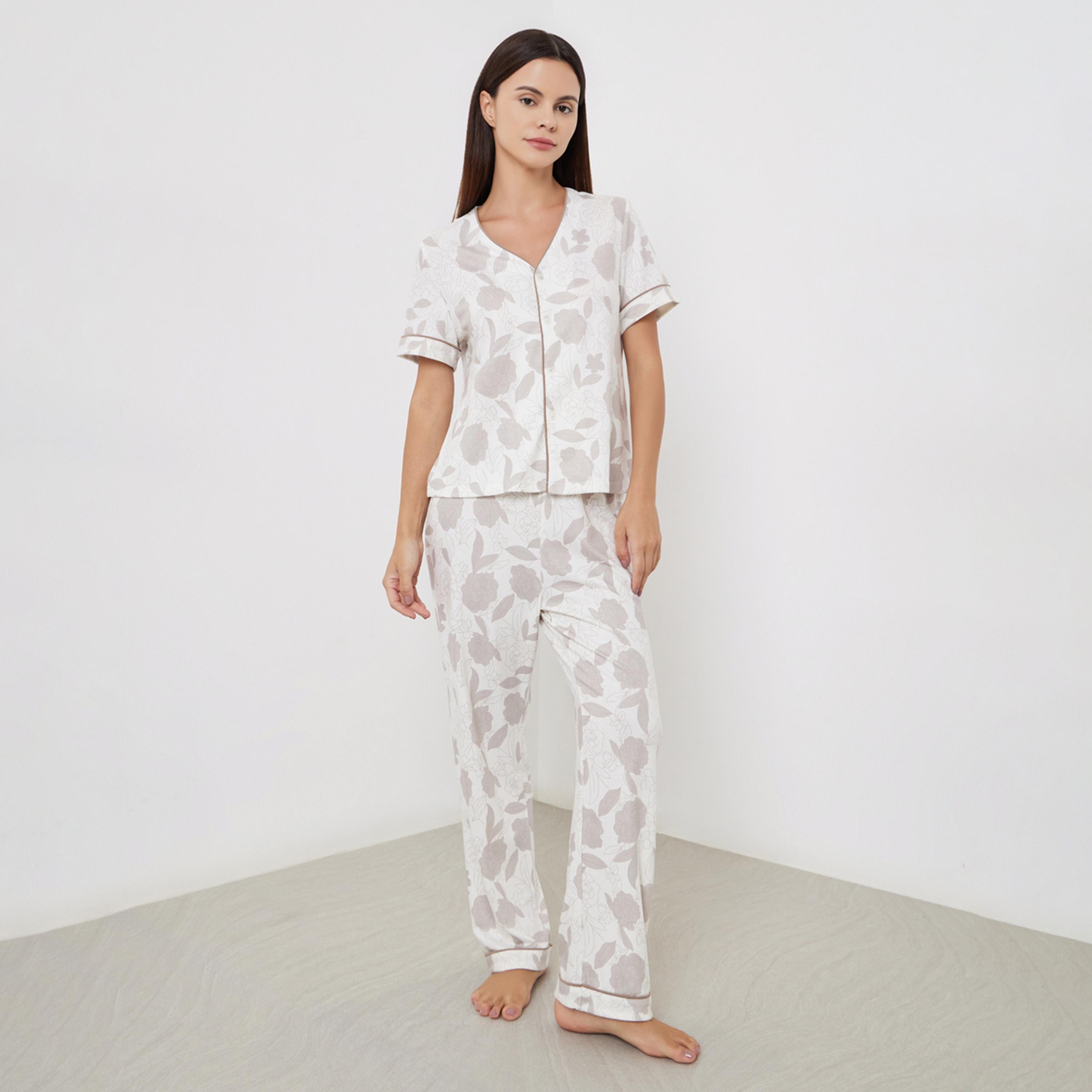 Styli All-Over Print V Neck Top and Long Pyjama Set-women-clothing-nightwear-pyjamas-longsets-image-1