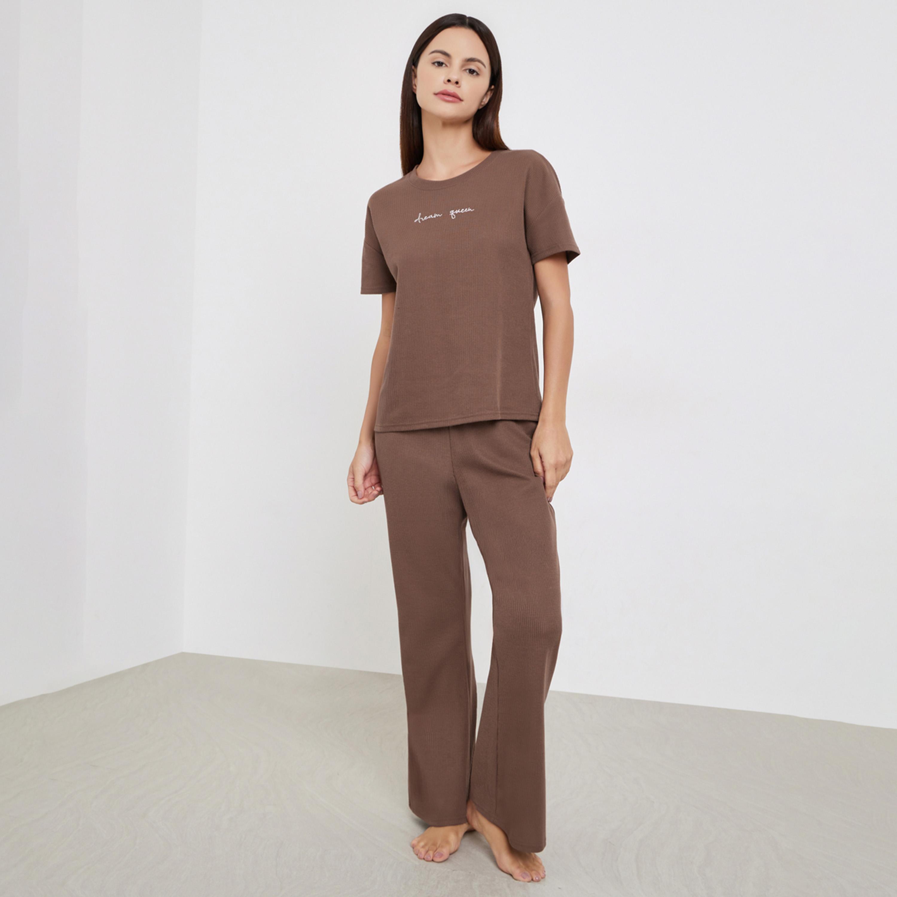 Styli Brown Ribbed T-Shirt and Long Pyjama Set-women-clothing-nightwear-pyjamas-longsets-image-1