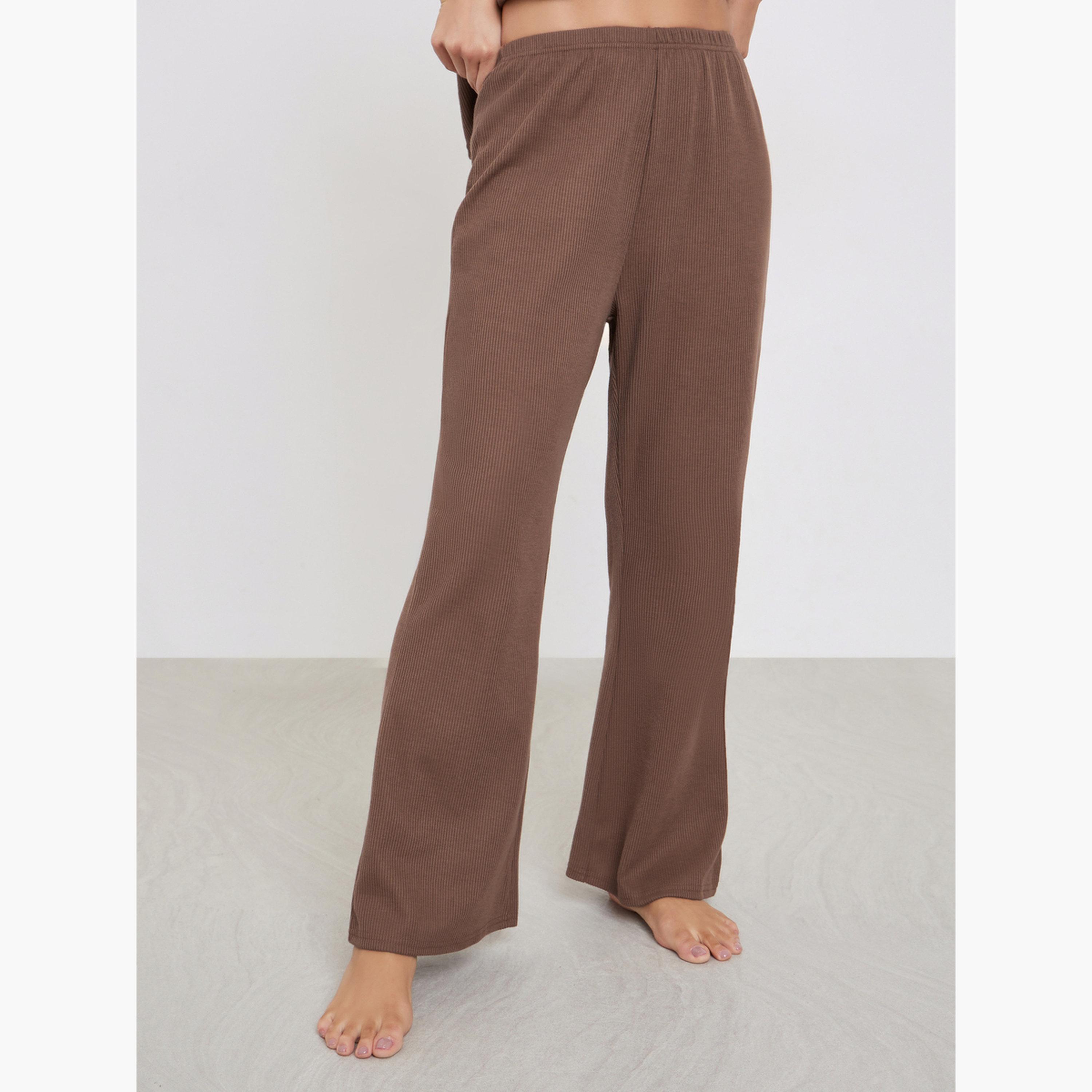 Styli Brown Ribbed T-Shirt and Long Pyjama Set-women-clothing-nightwear-pyjamas-longsets-image-4