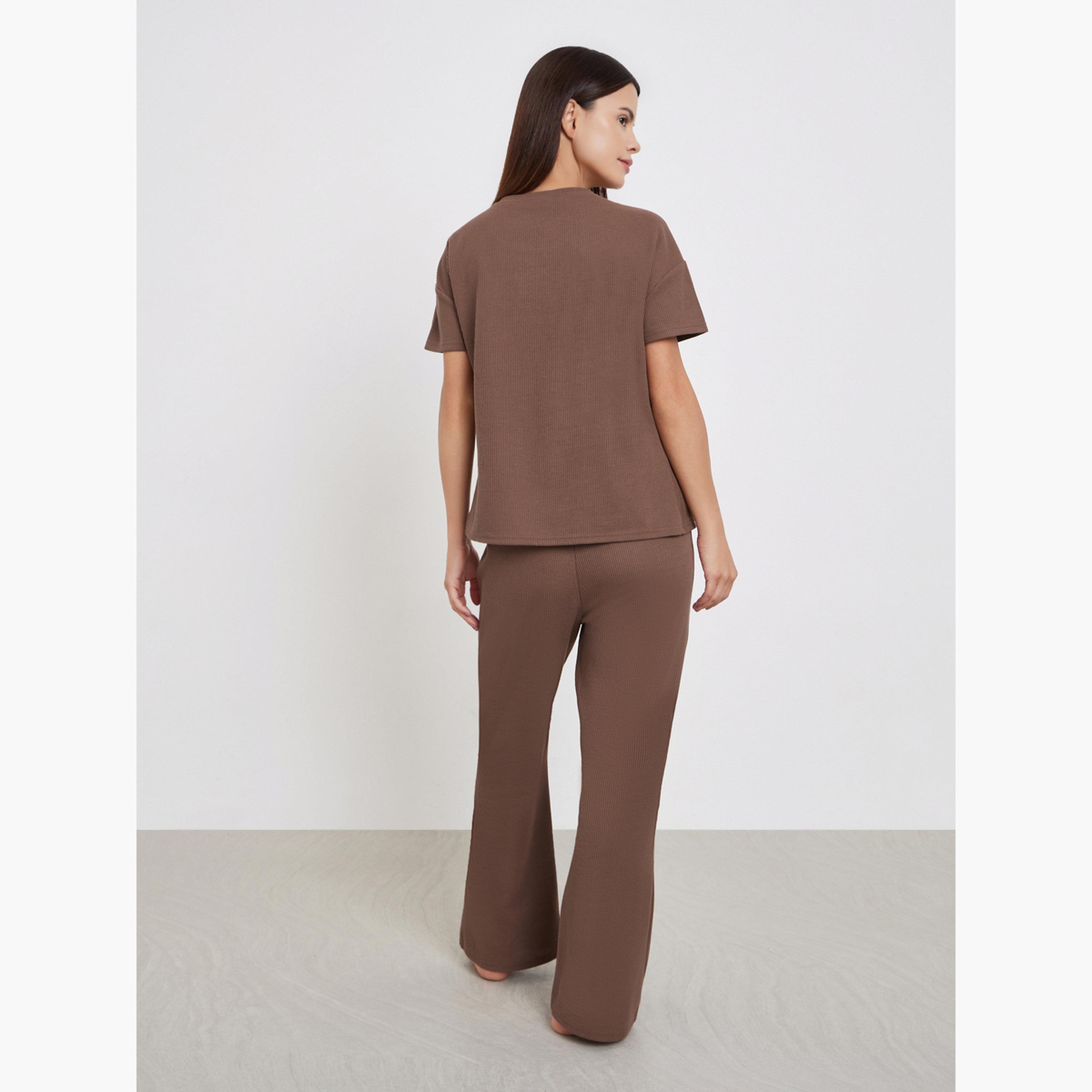 Styli Brown Ribbed T-Shirt and Long Pyjama Set-women-clothing-nightwear-pyjamas-longsets-image-5