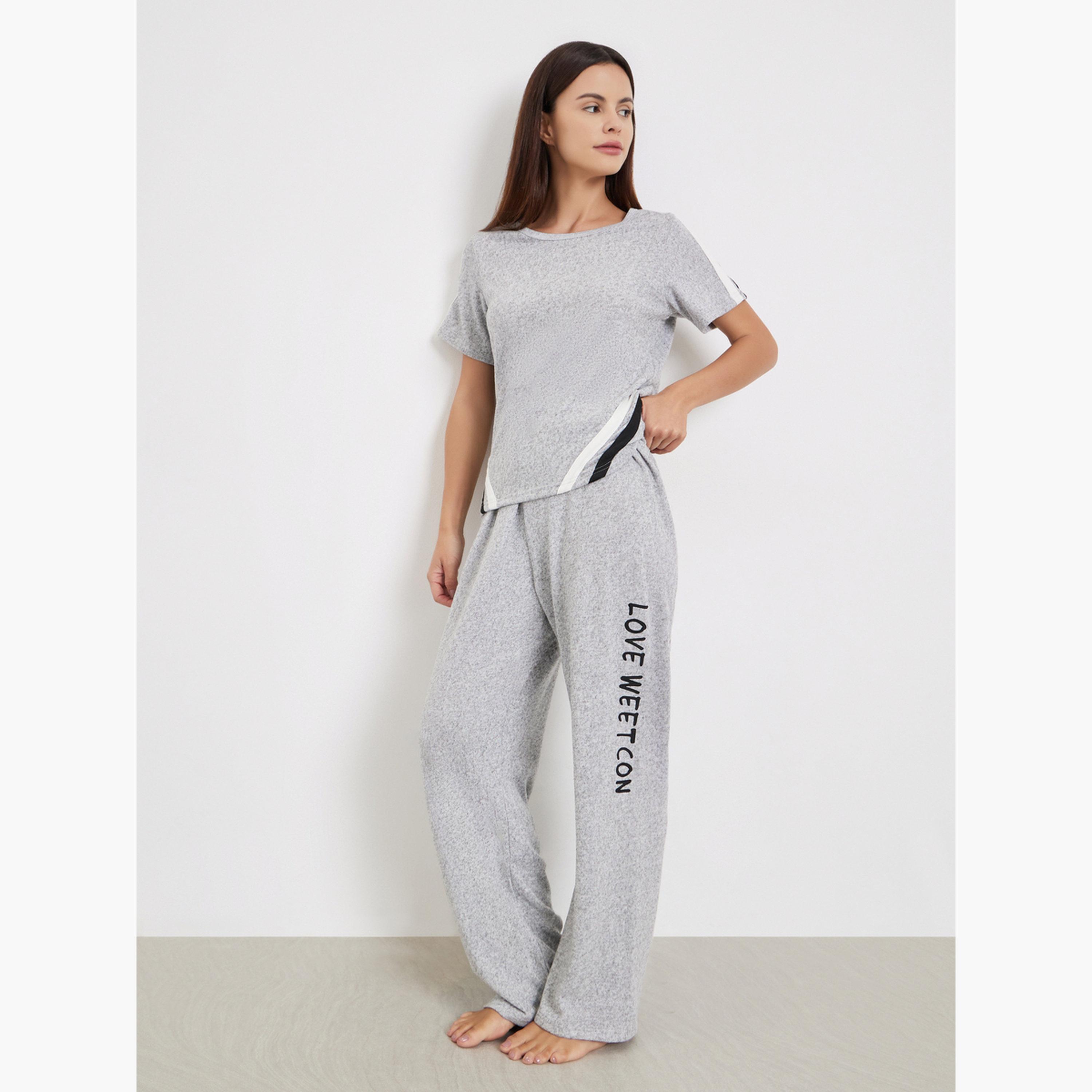 Styli Women Solid Striped T-Shirt and Long Pyjama Set-women-clothing-nightwear-pyjamas-longsets-image-1