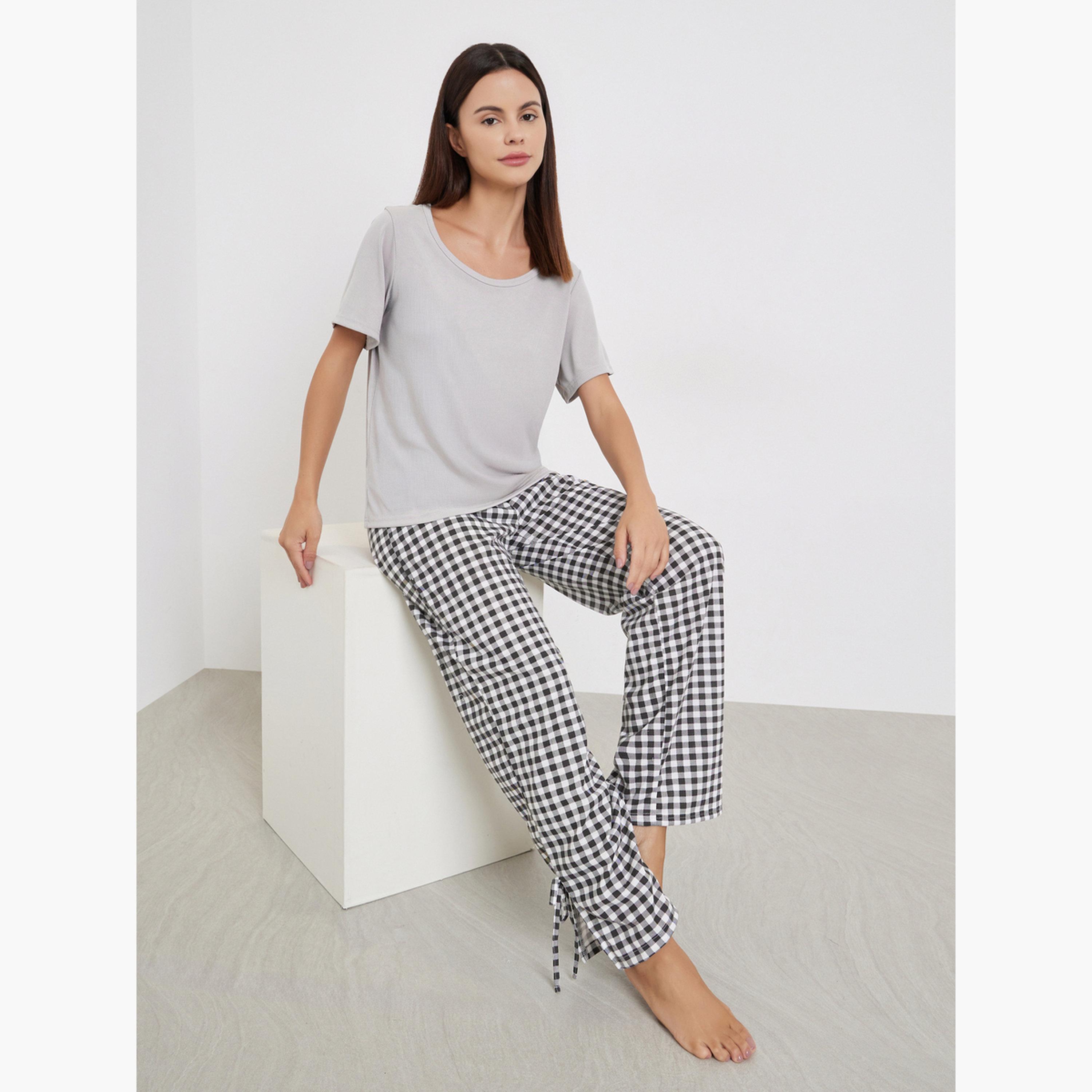 ستايلي - بيجاما تي شيرت برقبة دائرية للنساء-women-clothing-nightwear-pyjamas-longsets-image-2