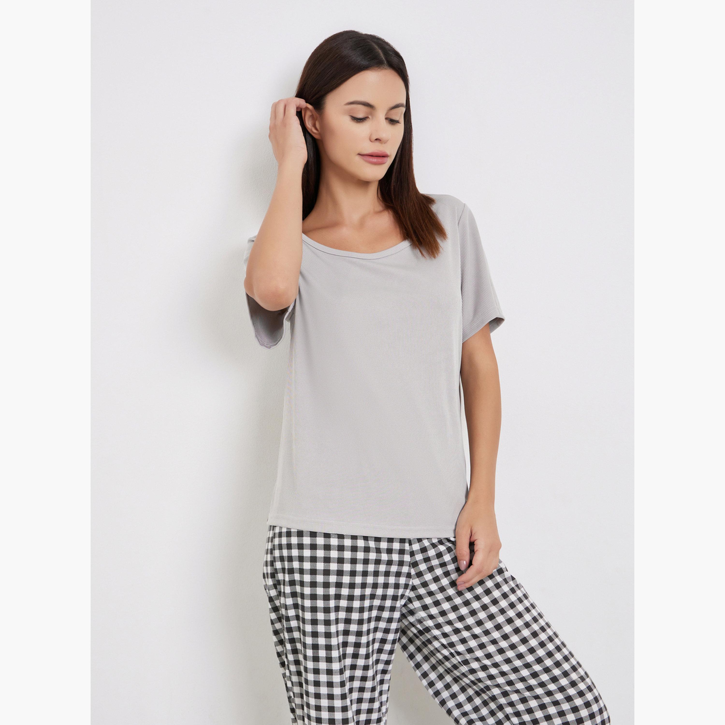 ستايلي - بيجاما تي شيرت برقبة دائرية للنساء-women-clothing-nightwear-pyjamas-longsets-image-3