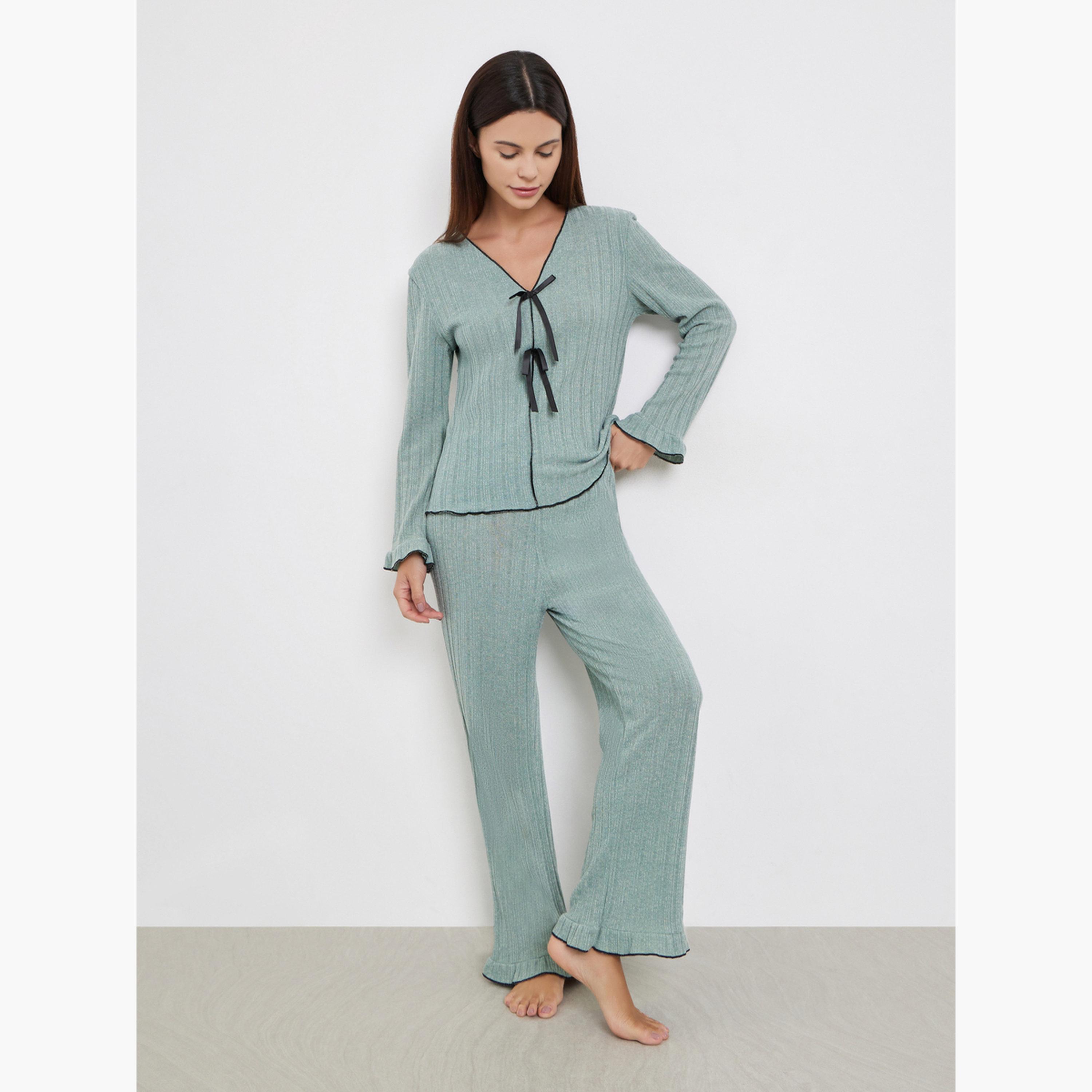 Styli Women Texture Ruffled Detail T-Shirt and Long Pyjama Set-women-clothing-nightwear-pyjamas-longsets-image-1