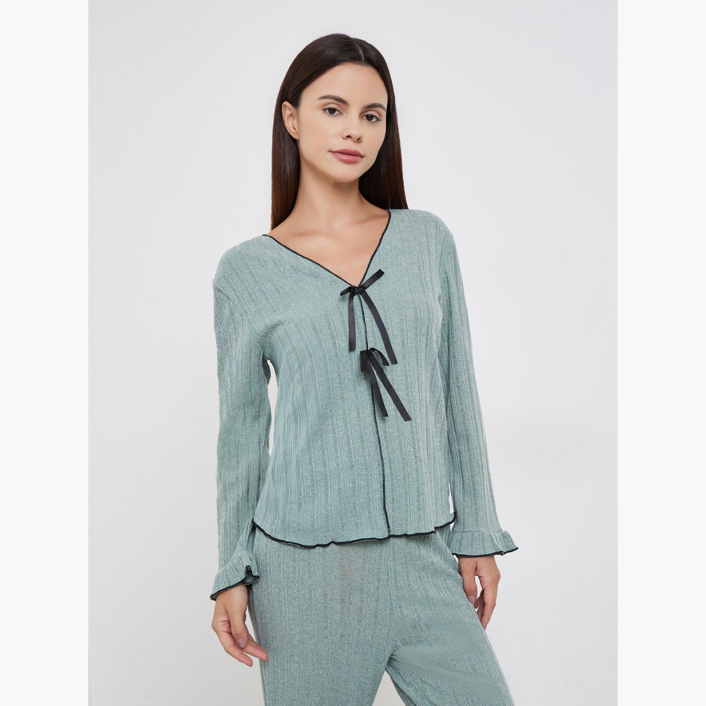 Styli Women Texture Ruffled Detail T-Shirt and Long Pyjama Set-women-clothing-nightwear-pyjamas-longsets-image-2