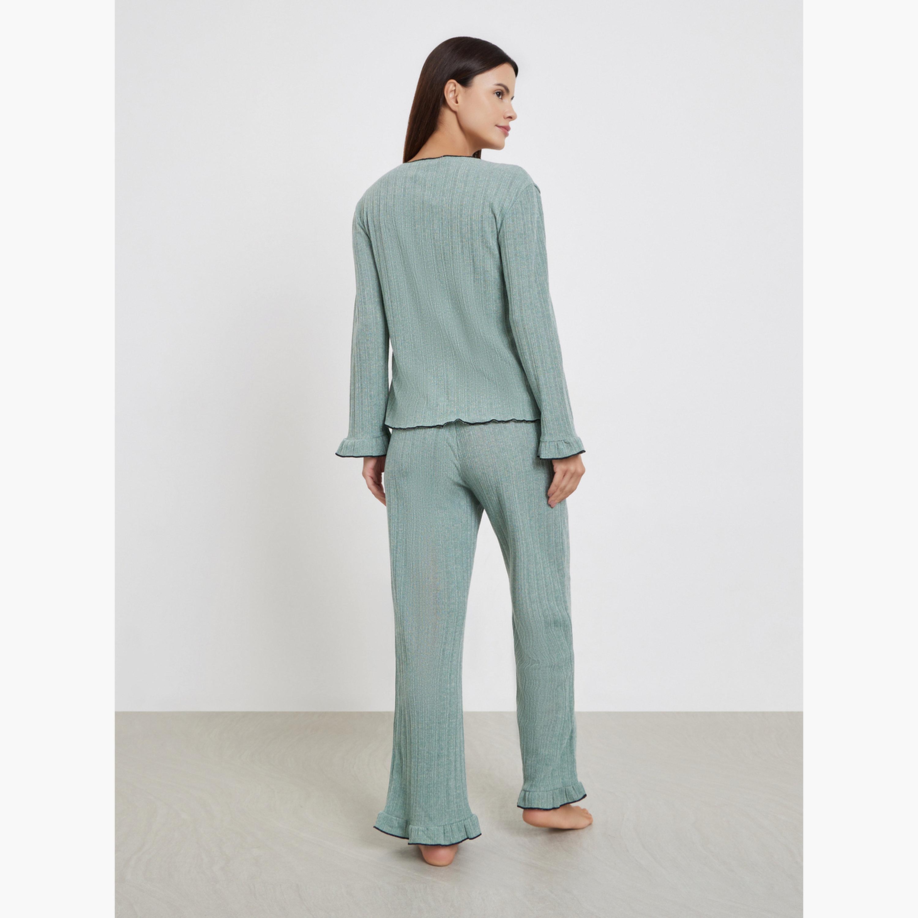Styli Women Texture Ruffled Detail T-Shirt and Long Pyjama Set-women-clothing-nightwear-pyjamas-longsets-image-3