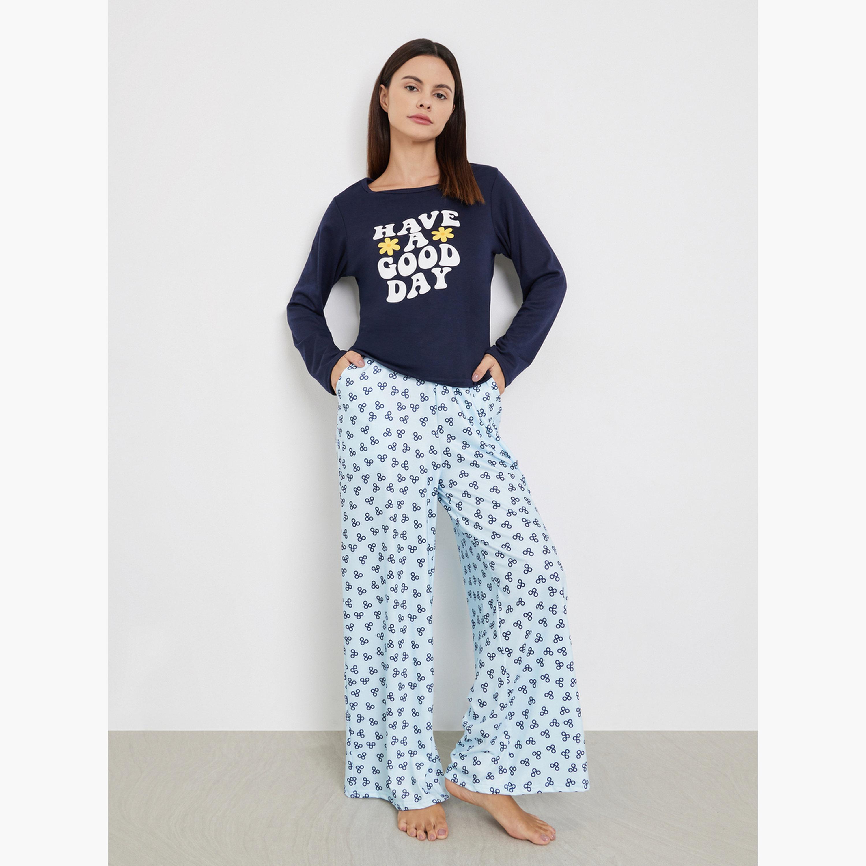 Styli Women Graphic Print T-Shirt and Long Pyjama Set-women-clothing-nightwear-pyjamas-longsets-image-1
