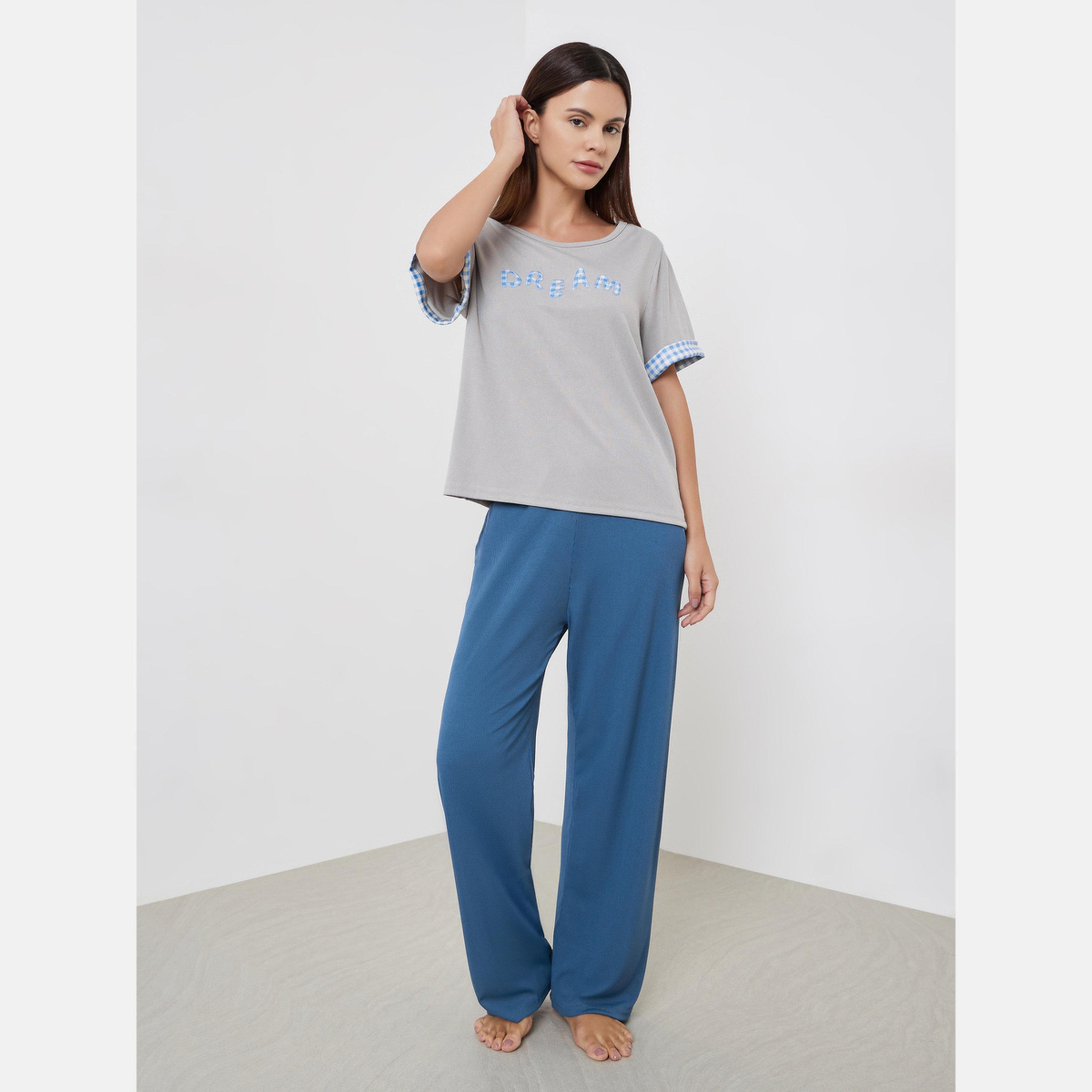 Styli Text Embroidery Detail T-Shirt and Solid Pyjama Set-women-clothing-nightwear-pyjamas-longsets-image-1