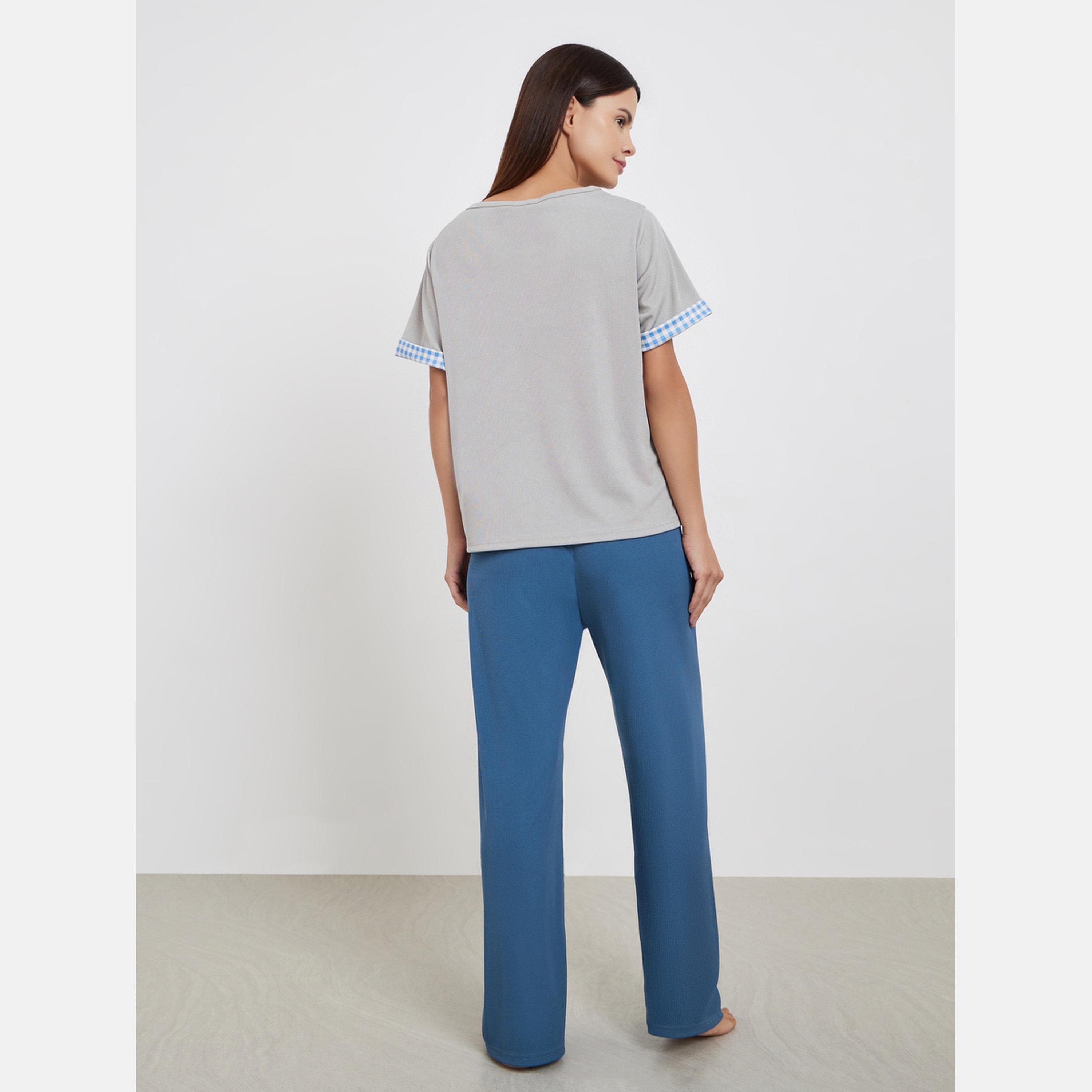 Styli Text Embroidery Detail T-Shirt and Solid Pyjama Set-women-clothing-nightwear-pyjamas-longsets-image-5