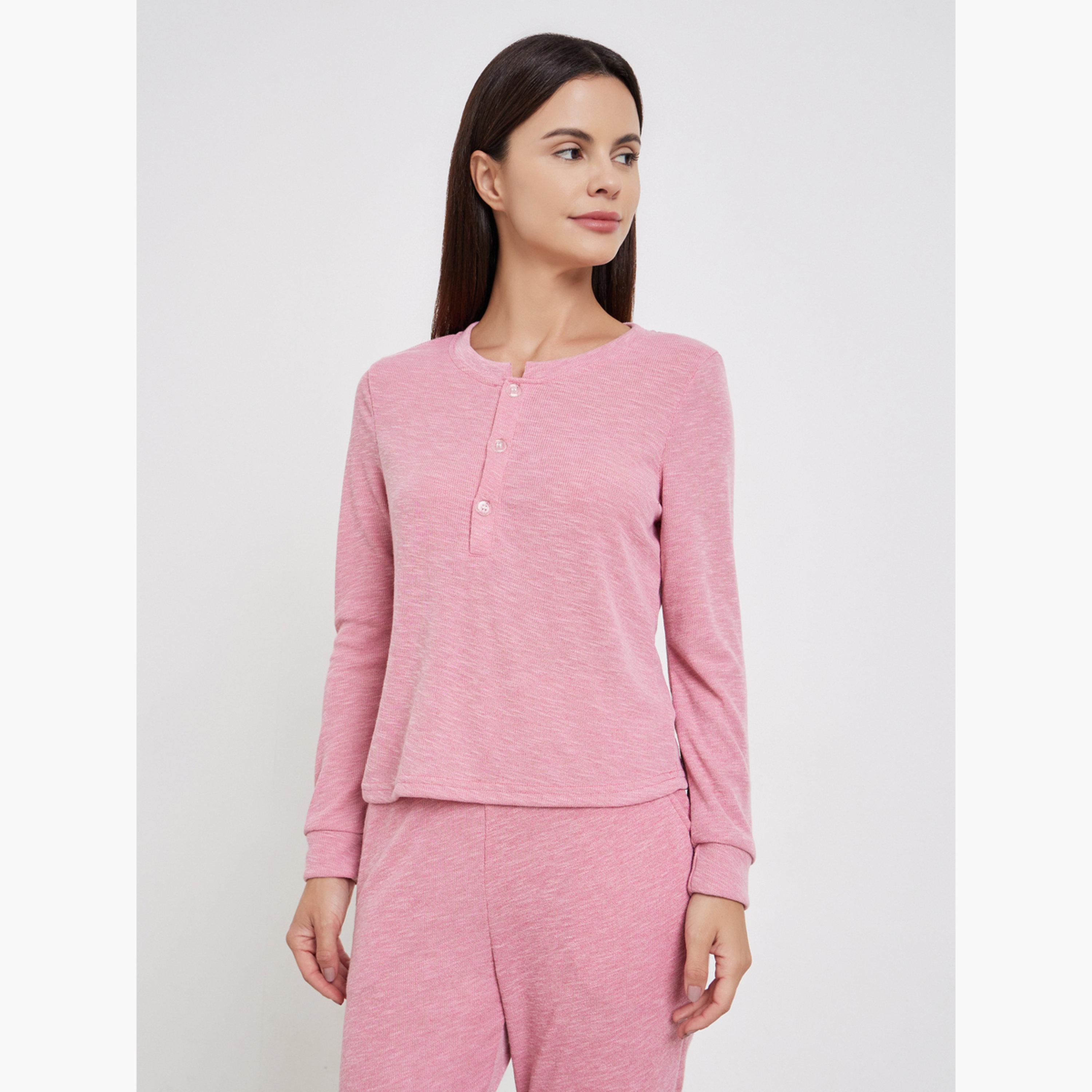 Styli Women Texture Button Front T-Shirt and Long Pyjama Set-women-clothing-nightwear-pyjamas-longsets-image-3