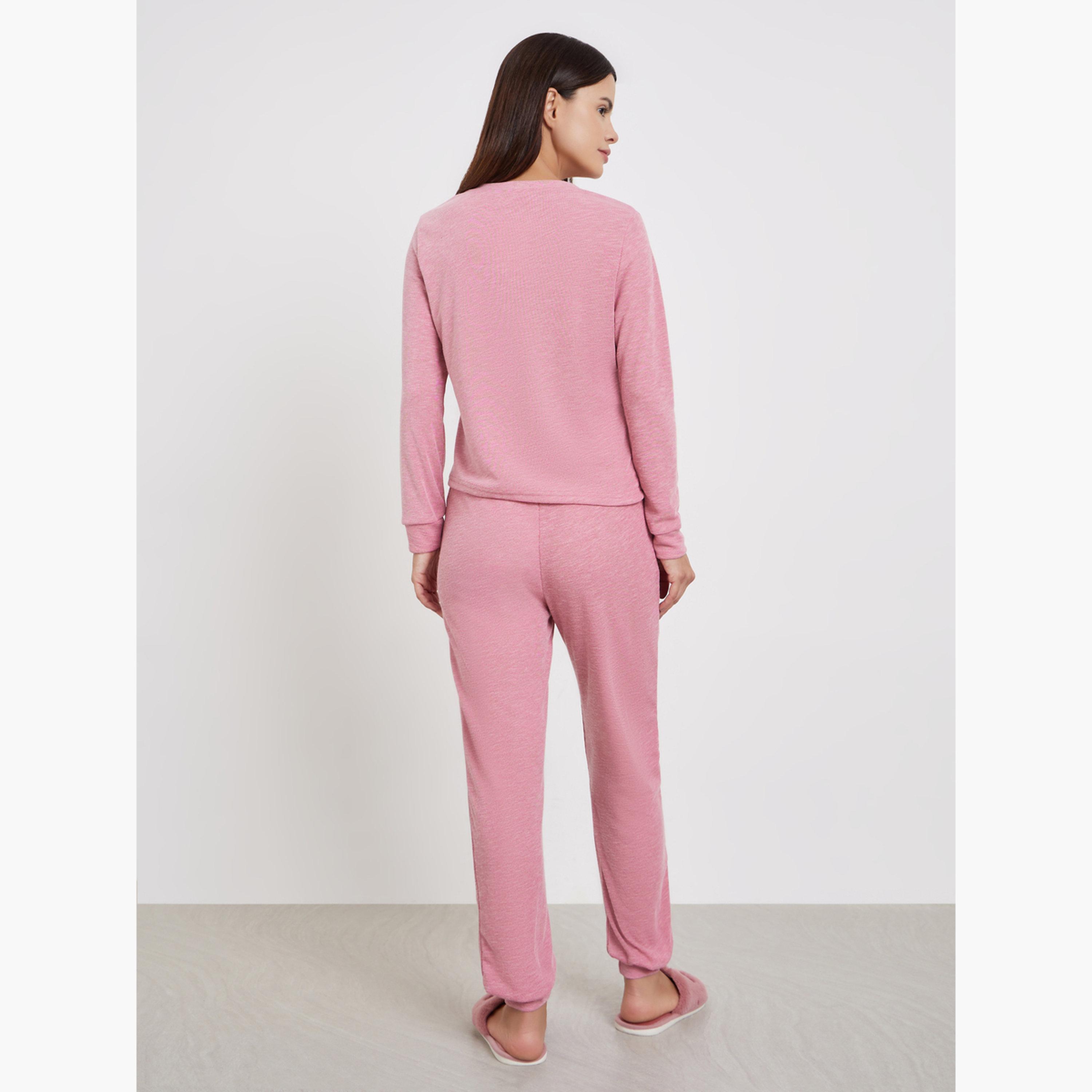 Styli Women Texture Button Front T-Shirt and Long Pyjama Set-women-clothing-nightwear-pyjamas-longsets-image-4