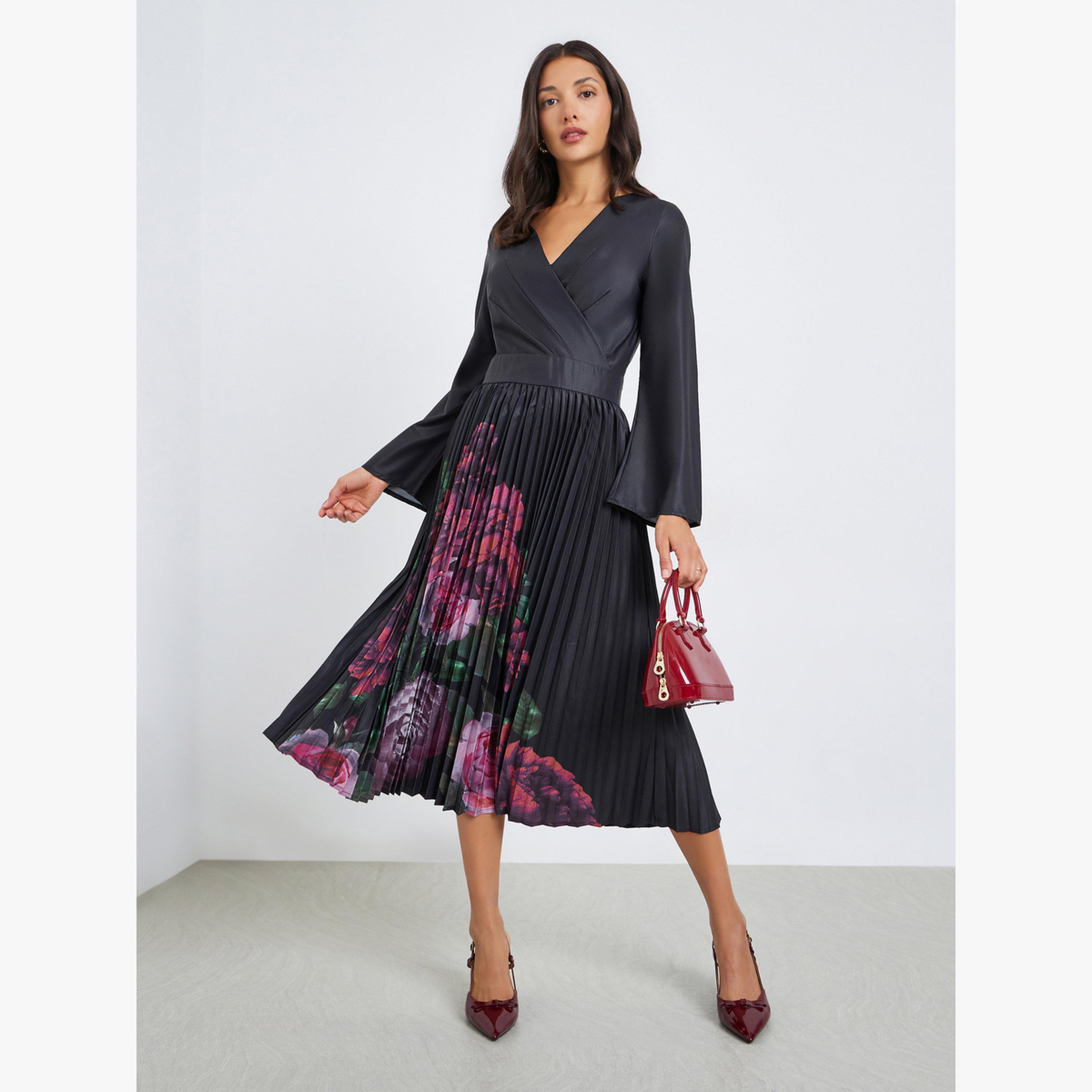 فستان ميدي بطبعة زهور وأكمام طويلة-women-clothing-dresses-image-1