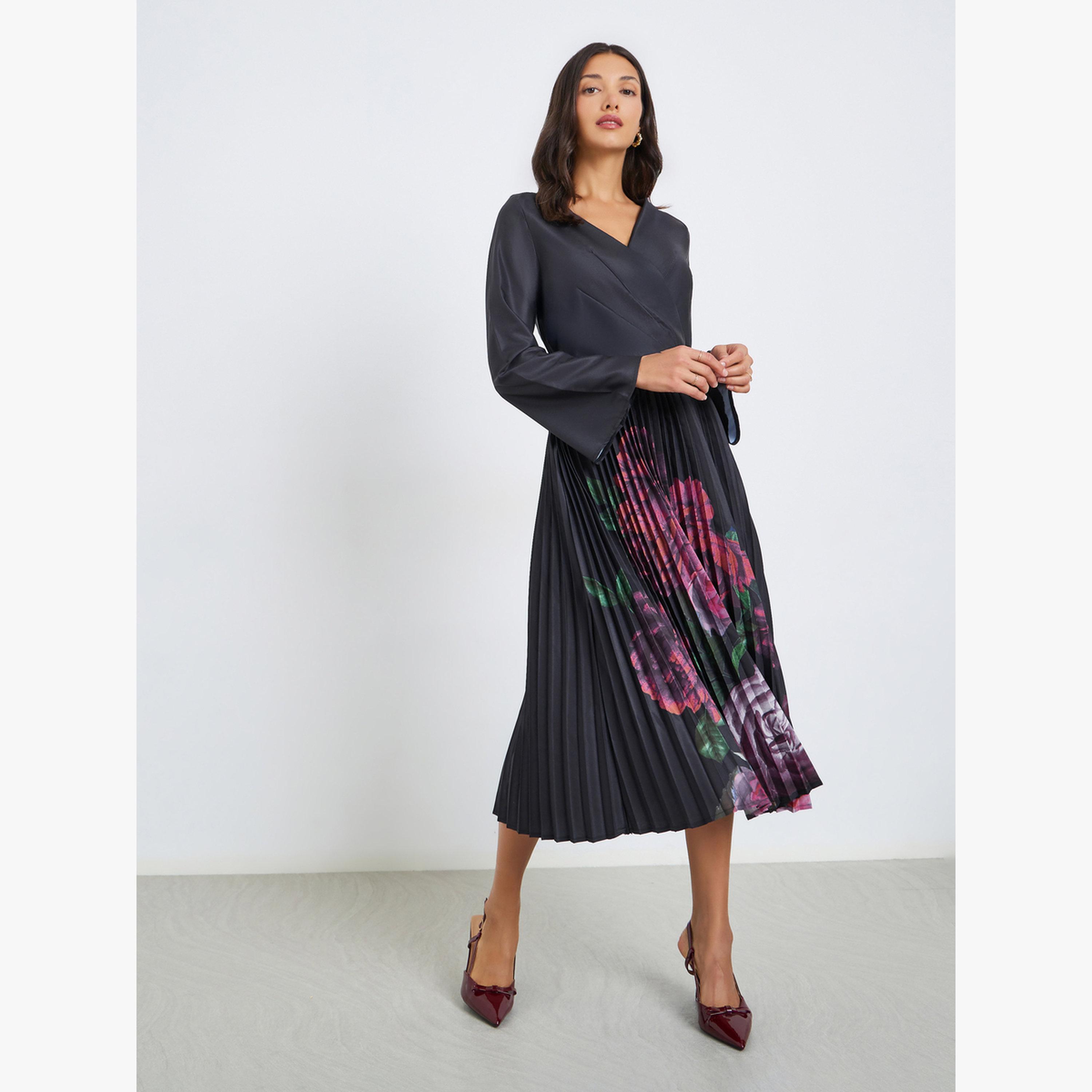 فستان ميدي بطبعة زهور وأكمام طويلة-women-clothing-dresses-image-2