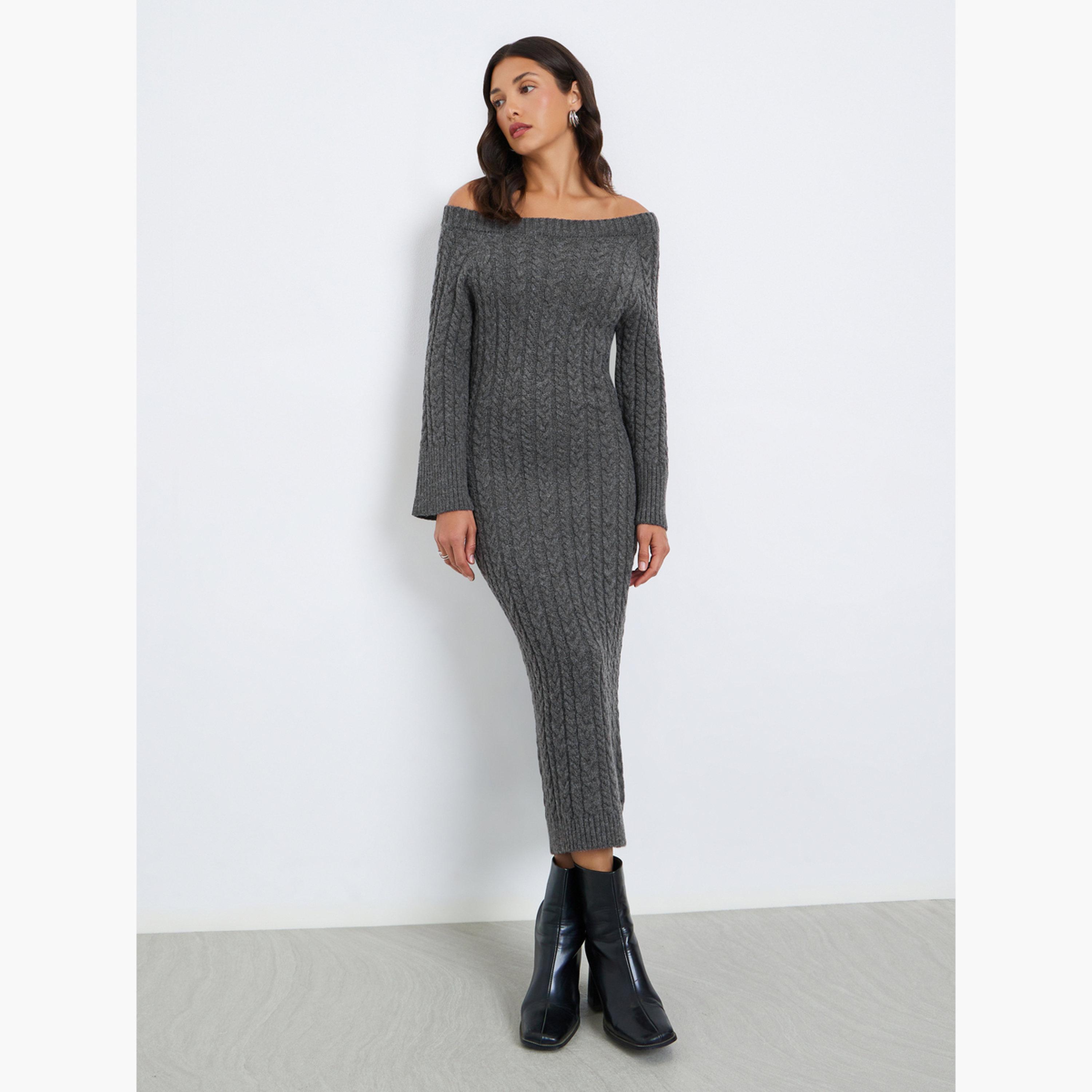 Styli Women Cable Knit Midi Dress with Long Sleeves-women-clothing-dresses-image-1