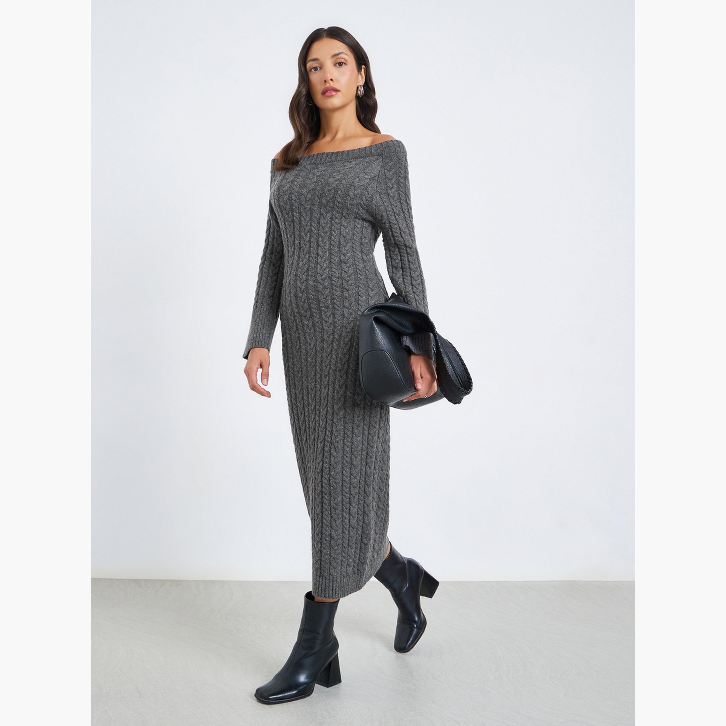 Styli Women Cable Knit Midi Dress with Long Sleeves-women-clothing-dresses-image-2
