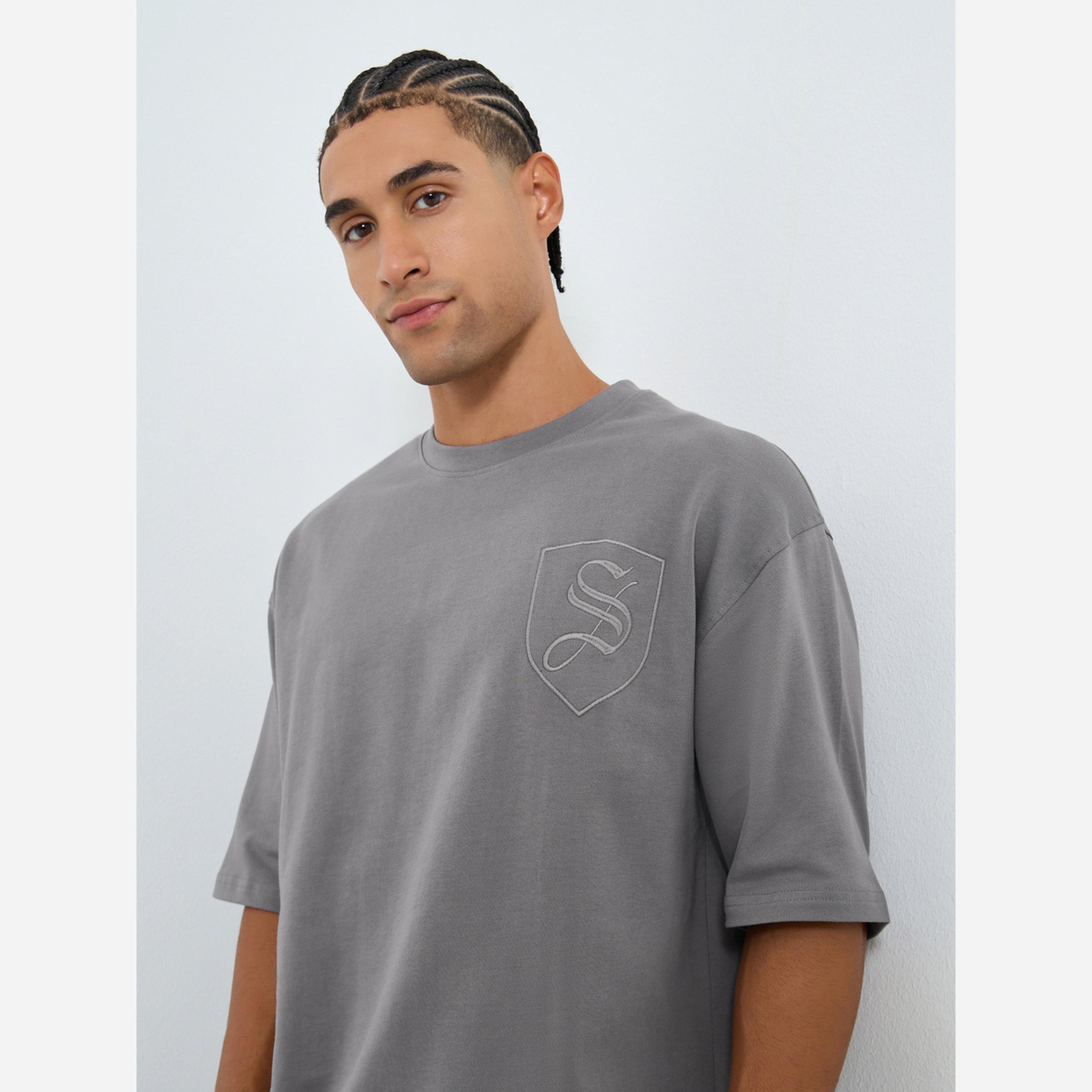Styli Men Grey Embroidered Oversized T-Shirt-men-clothing-tshirtsandpolos-tshirts-image-3