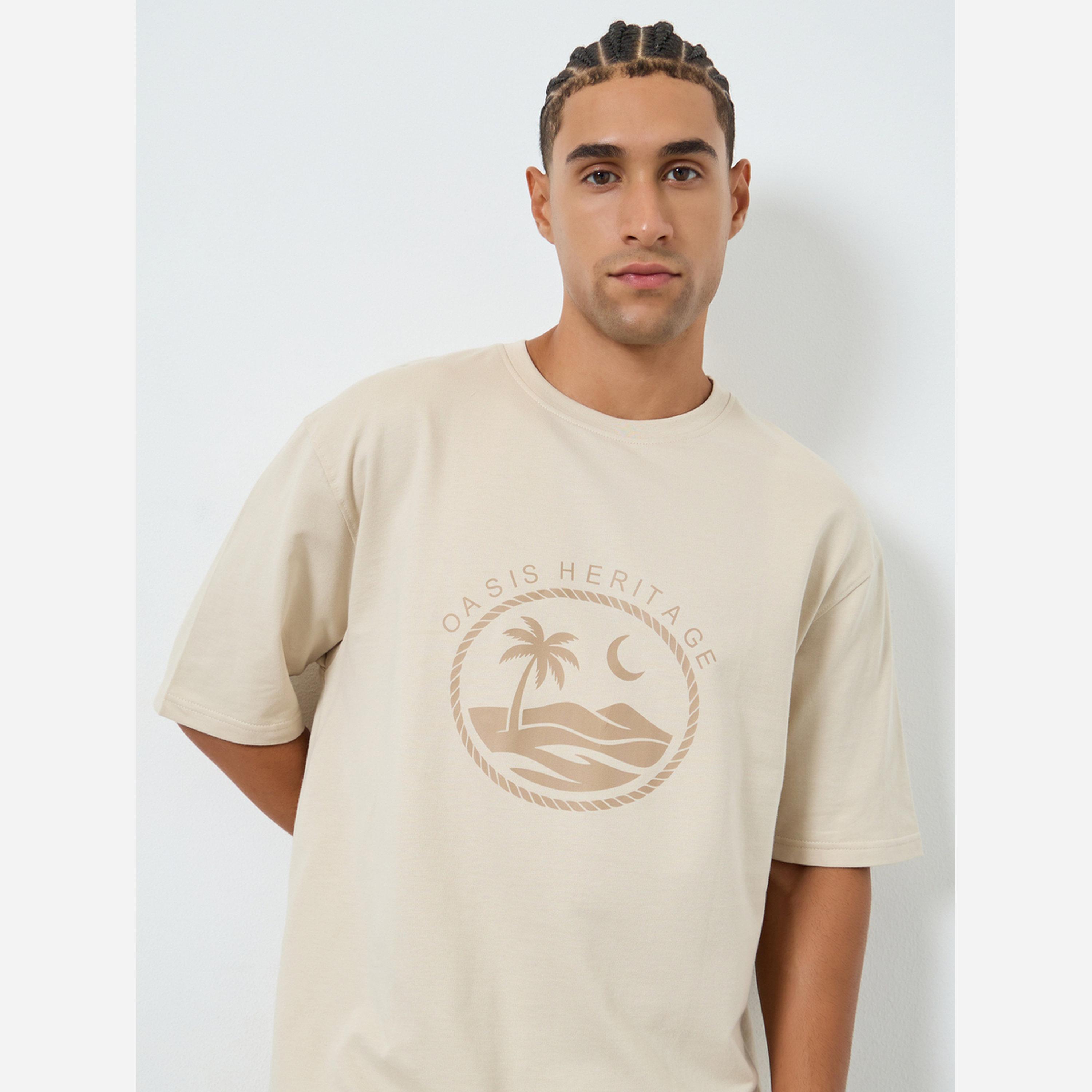 Styli Men Beige Graphic Print Oversized T-Shirt-men-clothing-tshirtsandpolos-tshirts-image-3