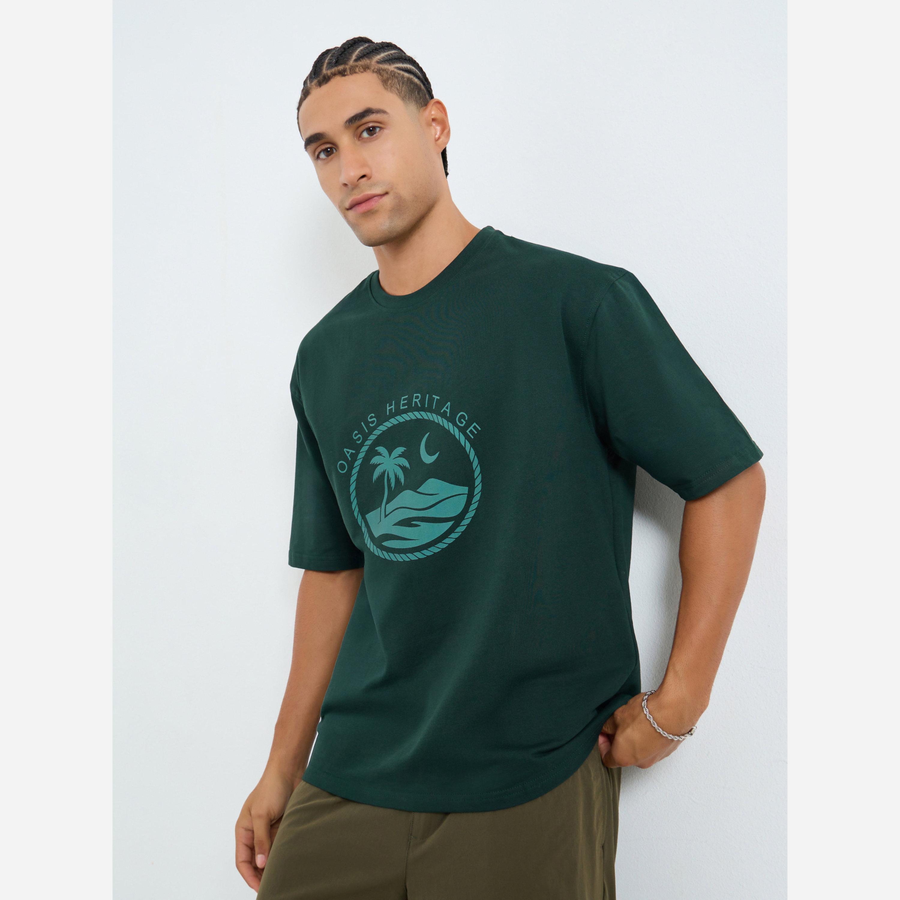 ستايلي - تيشيرت رجالي لون أخضر مقاس واسع طبعة Oasis-men-clothing-tshirtsandpolos-tshirts-image-1