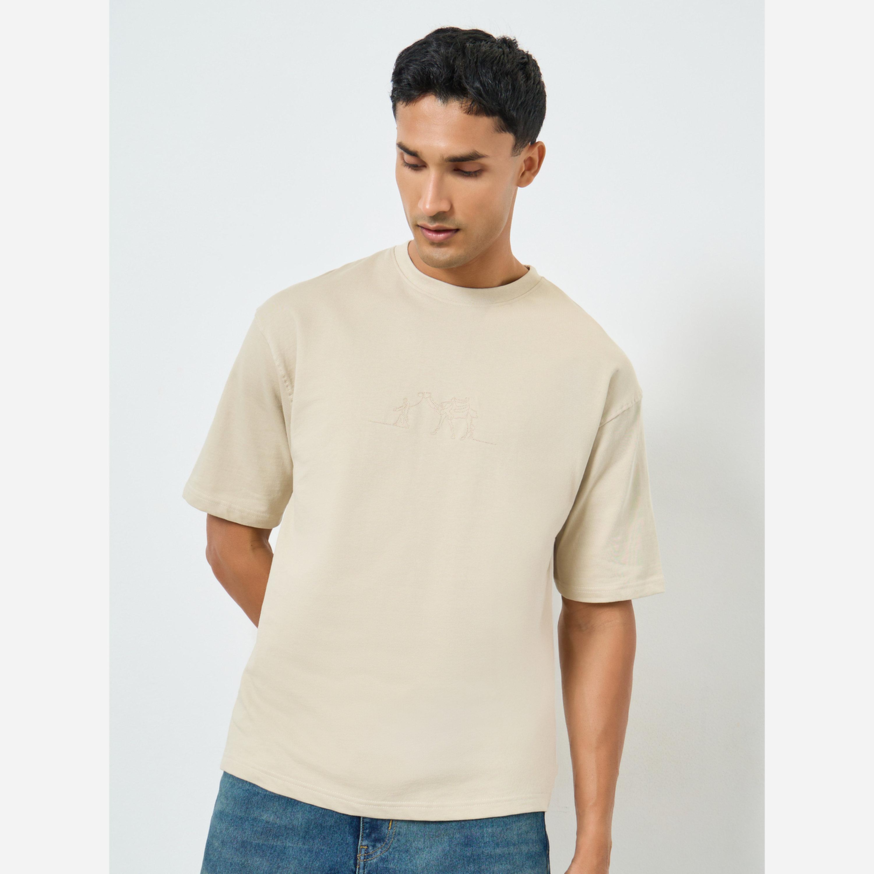 Styli Men Beige Embroidered Oversized T-Shirt-men-clothing-tshirtsandpolos-tshirts-image-1