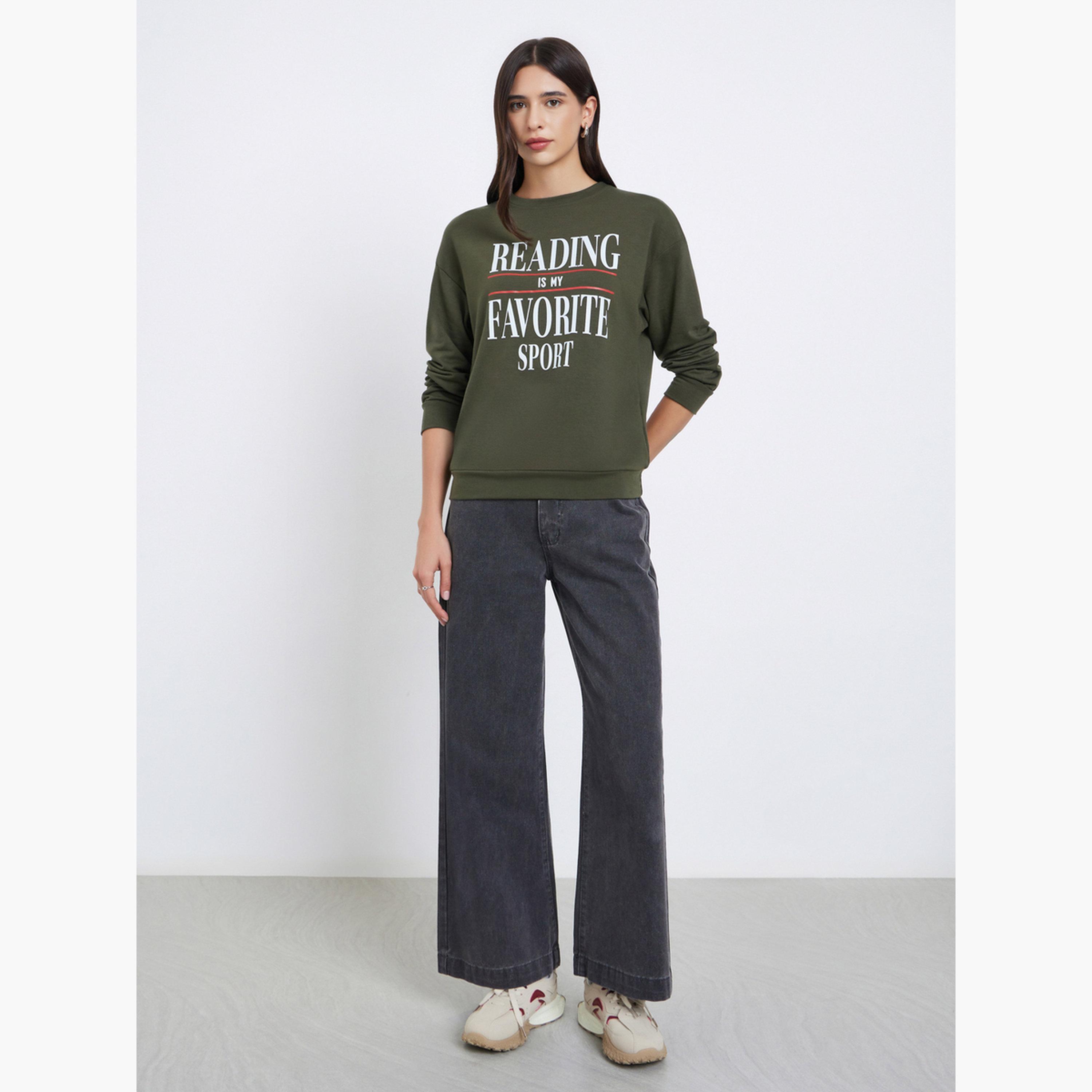 تيك تو - تي شيرت بأكمام طويلة طبعة شعار زيتوني للنساء-women-clothing-tshirts-image-2