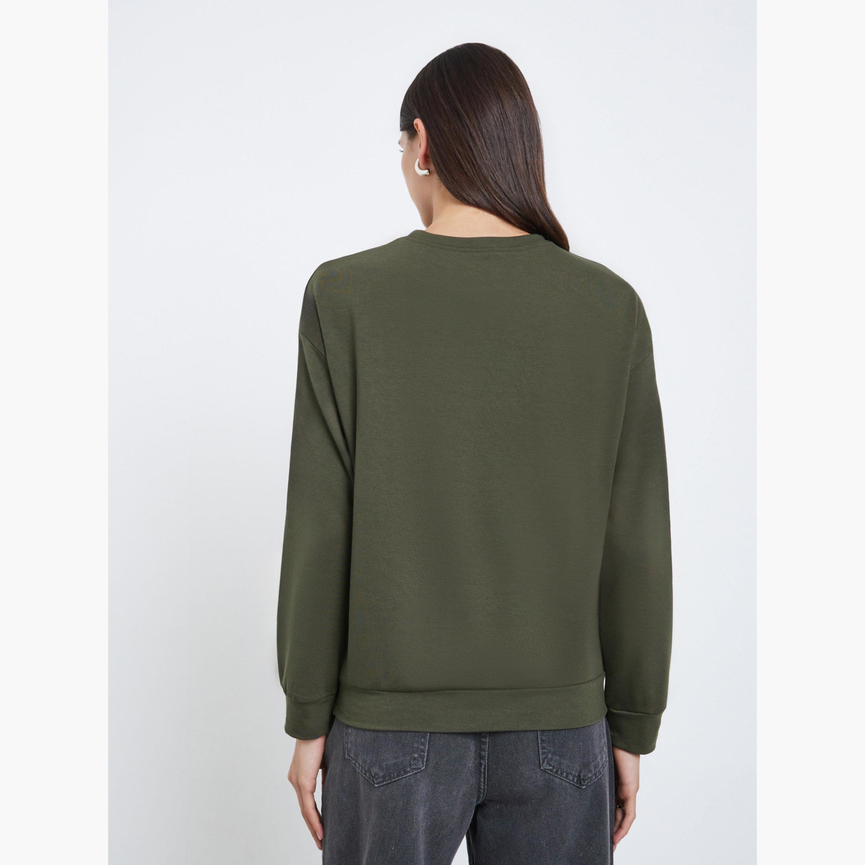تيك تو - تي شيرت بأكمام طويلة طبعة شعار زيتوني للنساء-women-clothing-tshirts-image-4