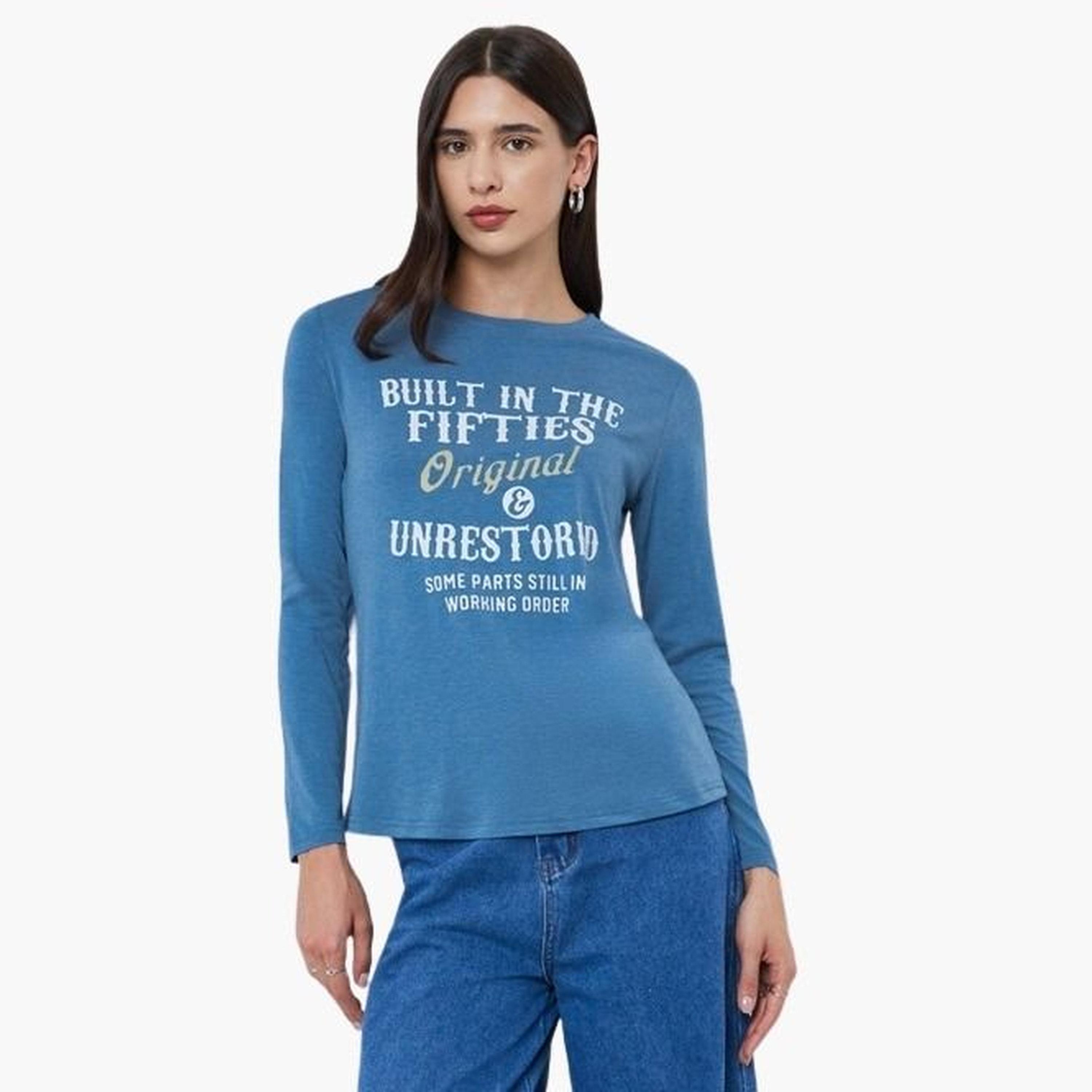 تيك تو - تي شيرت أزرق برقبة دائرية وقصة عادية للنساء-women-clothing-tshirts-image-1