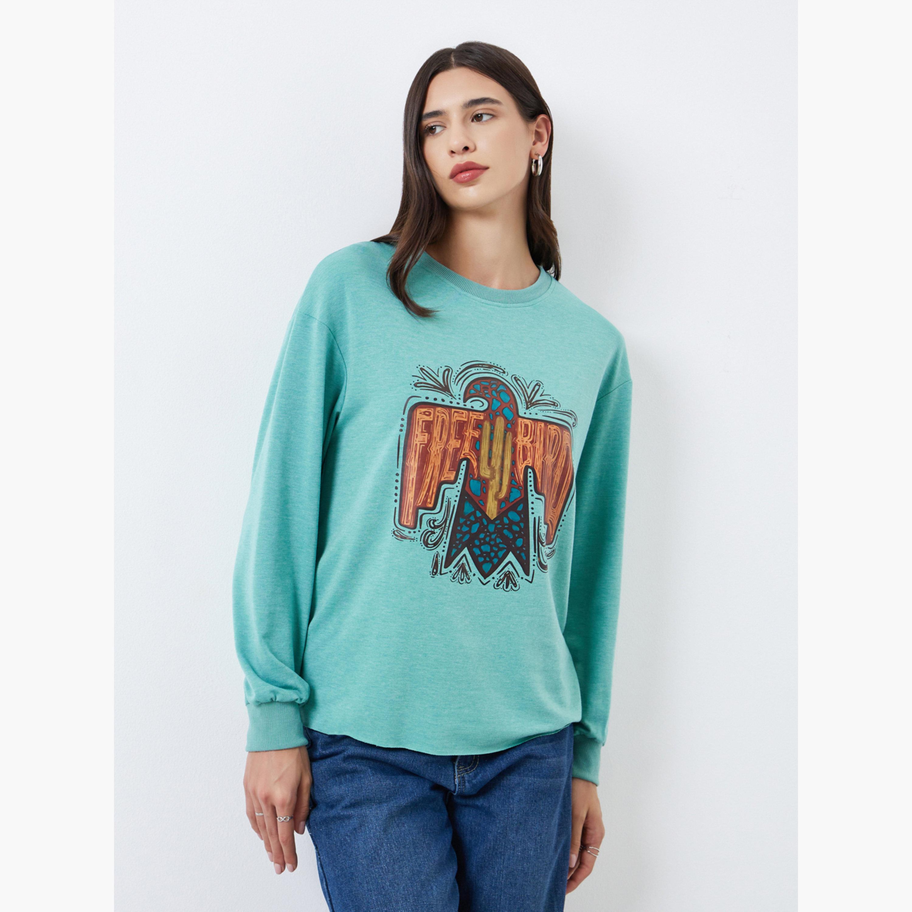 تيك تو - تي شيرت أخضر برقبة دائرية ورسومات طائر حر للنساء-women-clothing-hoodiesandsweatshirts-sweatshirts-image-1