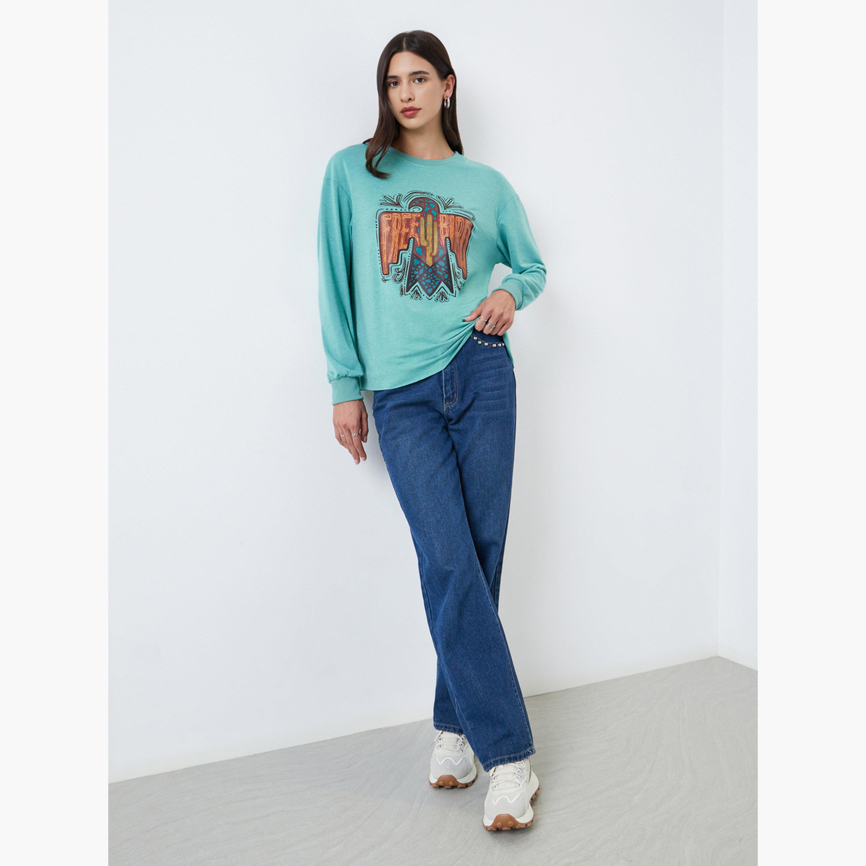 تيك تو - تي شيرت أخضر برقبة دائرية ورسومات طائر حر للنساء-women-clothing-hoodiesandsweatshirts-sweatshirts-image-2