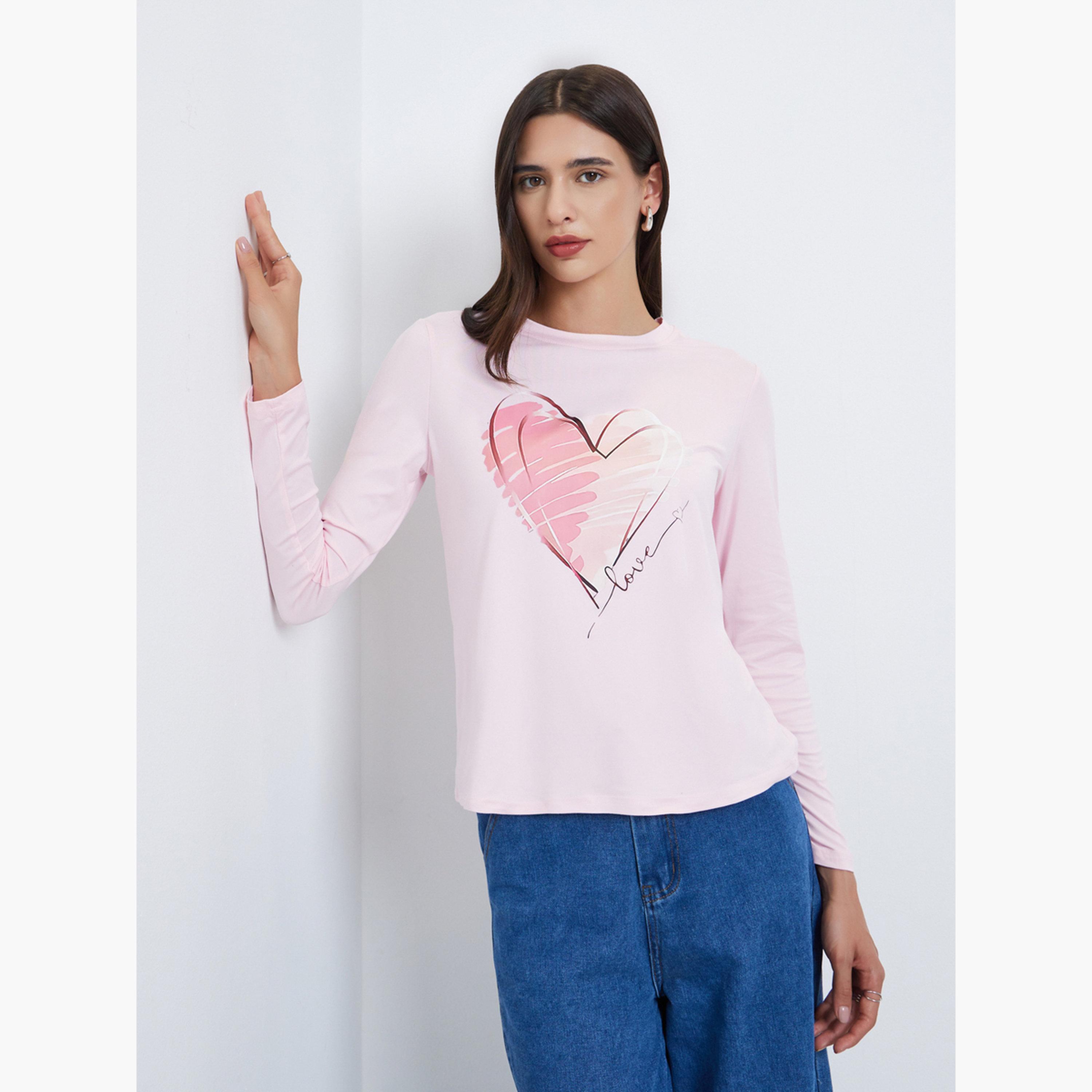 تيك تو - تي شيرت بأكمام طويلة ورسومات قلب وردية للنساء-women-clothing-tshirts-image-1