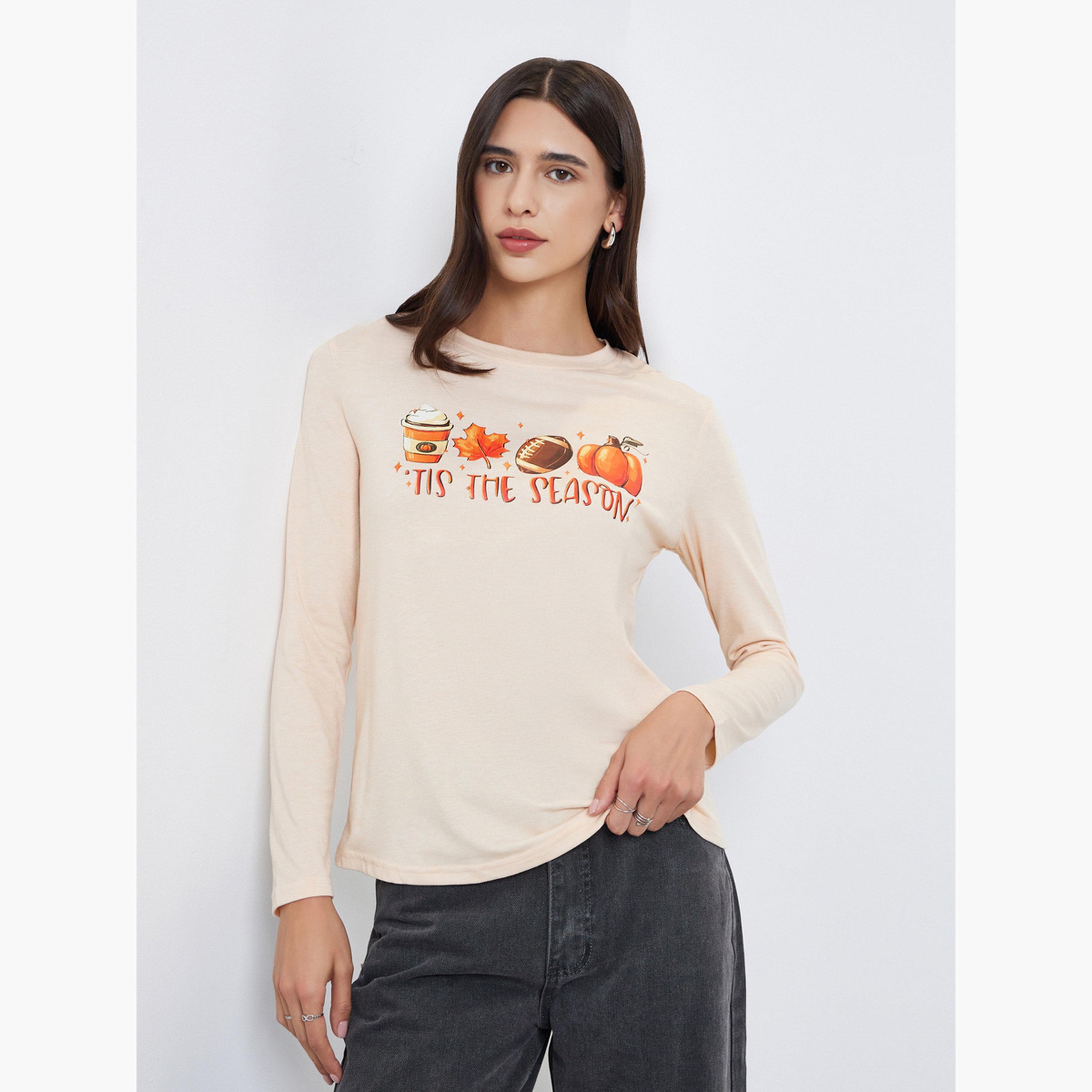 Take Two Women Beige Tis The Season Graphic Print T-Shirt-women-clothing-tshirts-image-1