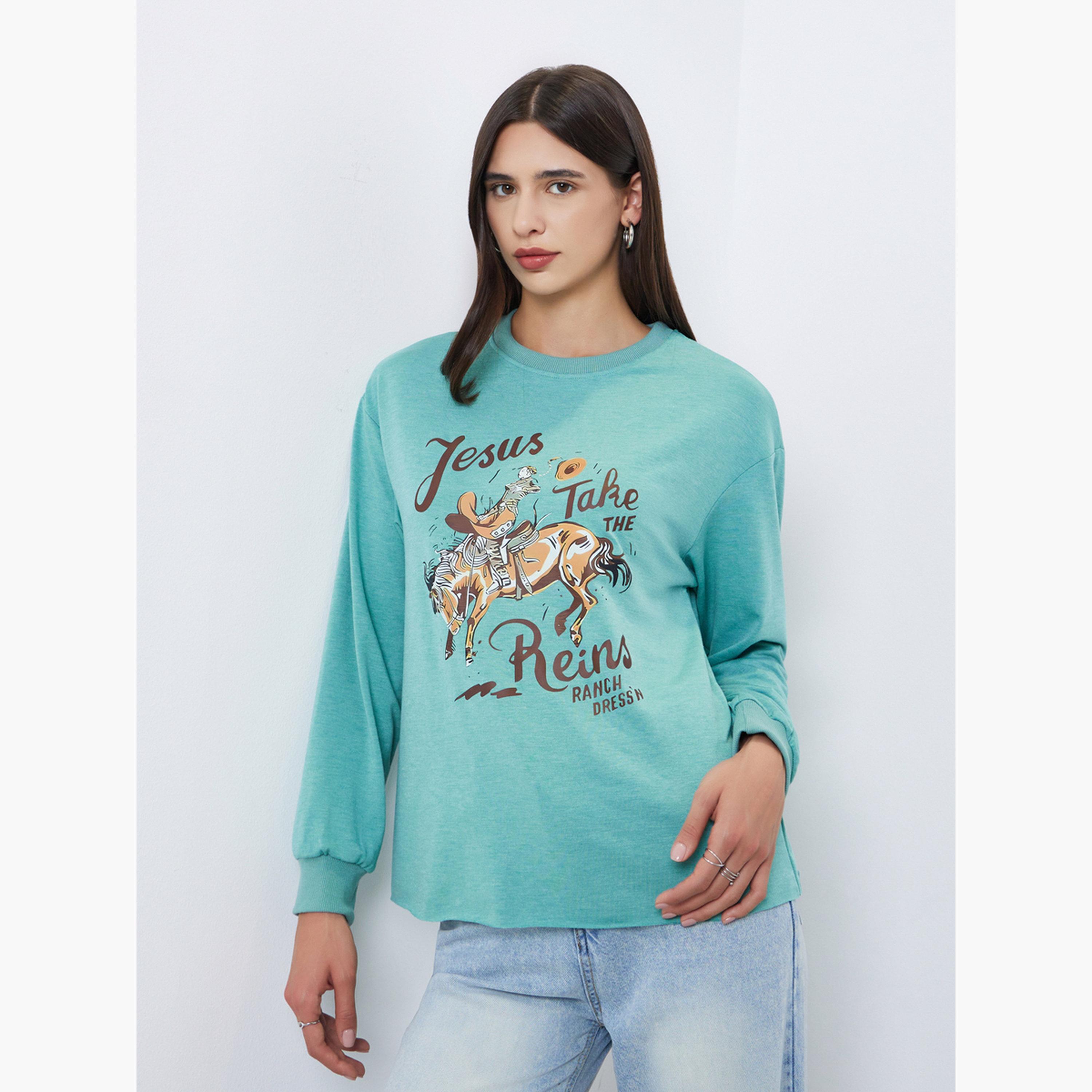 تيك تو - تي شيرت بقصّة عادية وطبعة جرافيكية خضراء للنساء-women-clothing-hoodiesandsweatshirts-sweatshirts-image-1