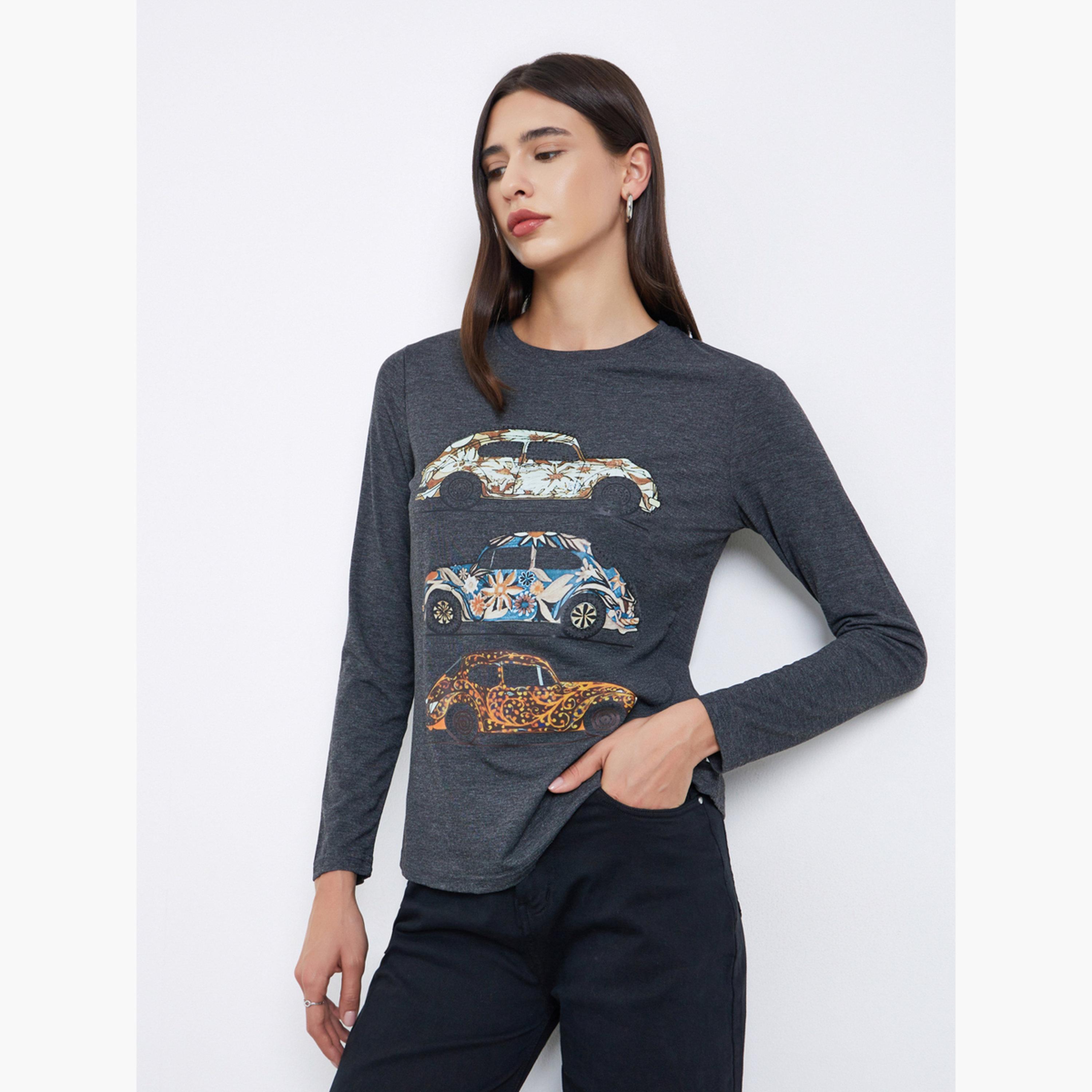 Take Two Women Grey Vintage Car Graphic Print T-Shirt-women-clothing-tshirts-image-1