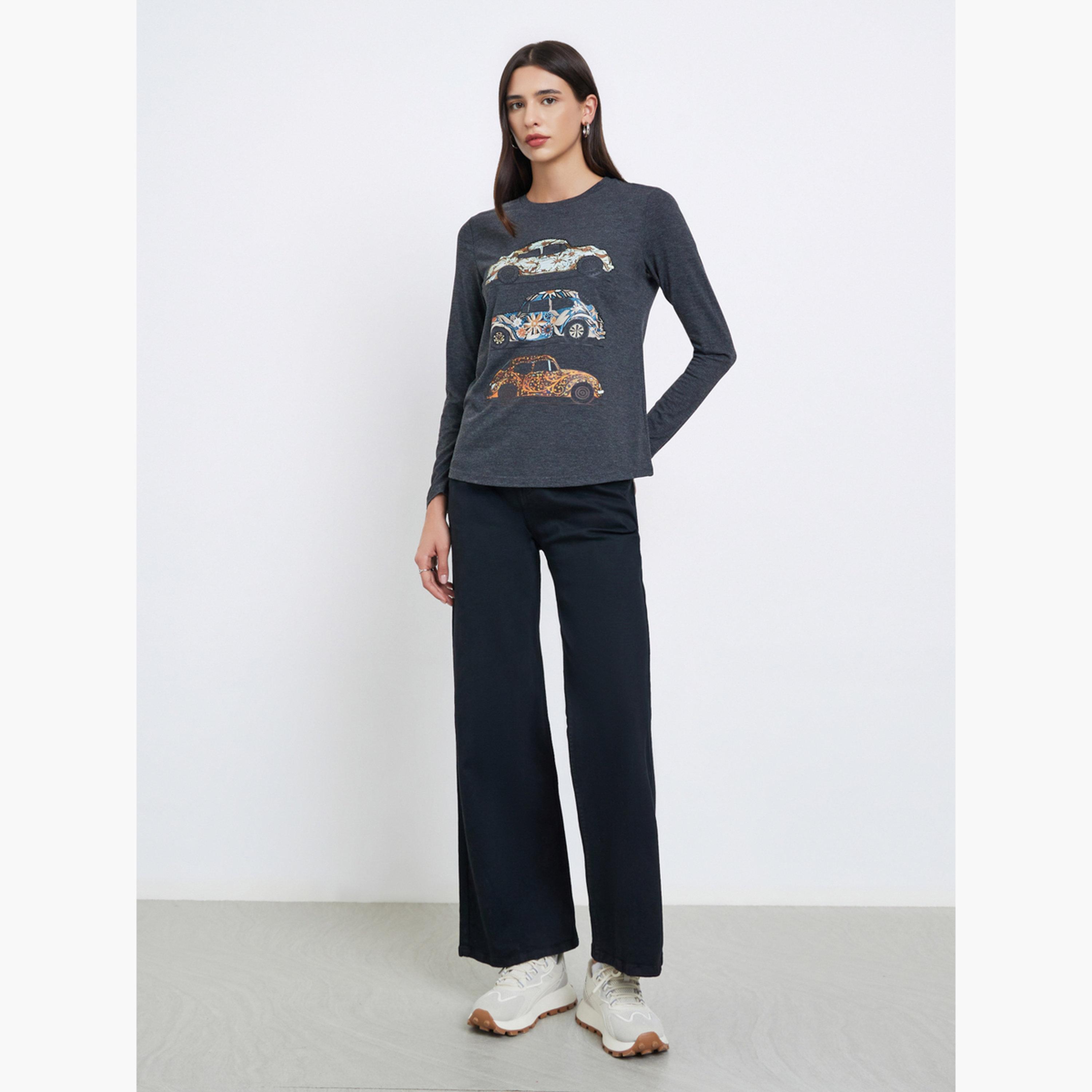 Take Two Women Grey Vintage Car Graphic Print T-Shirt-women-clothing-tshirts-image-2