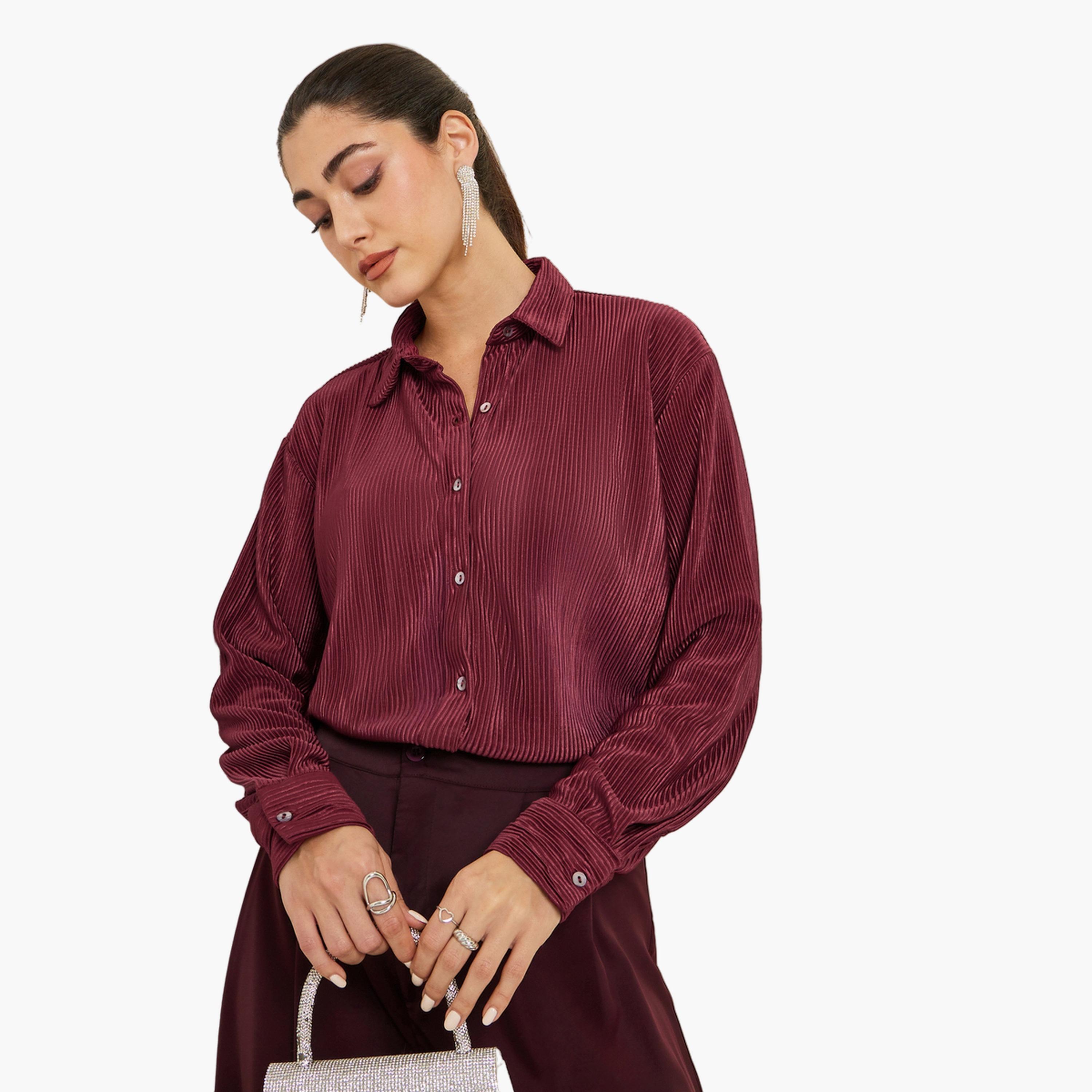 Styli Women Burgundy Oversized Plisse Shirt-women-clothing-shirtsandblouses-shirts-image-1