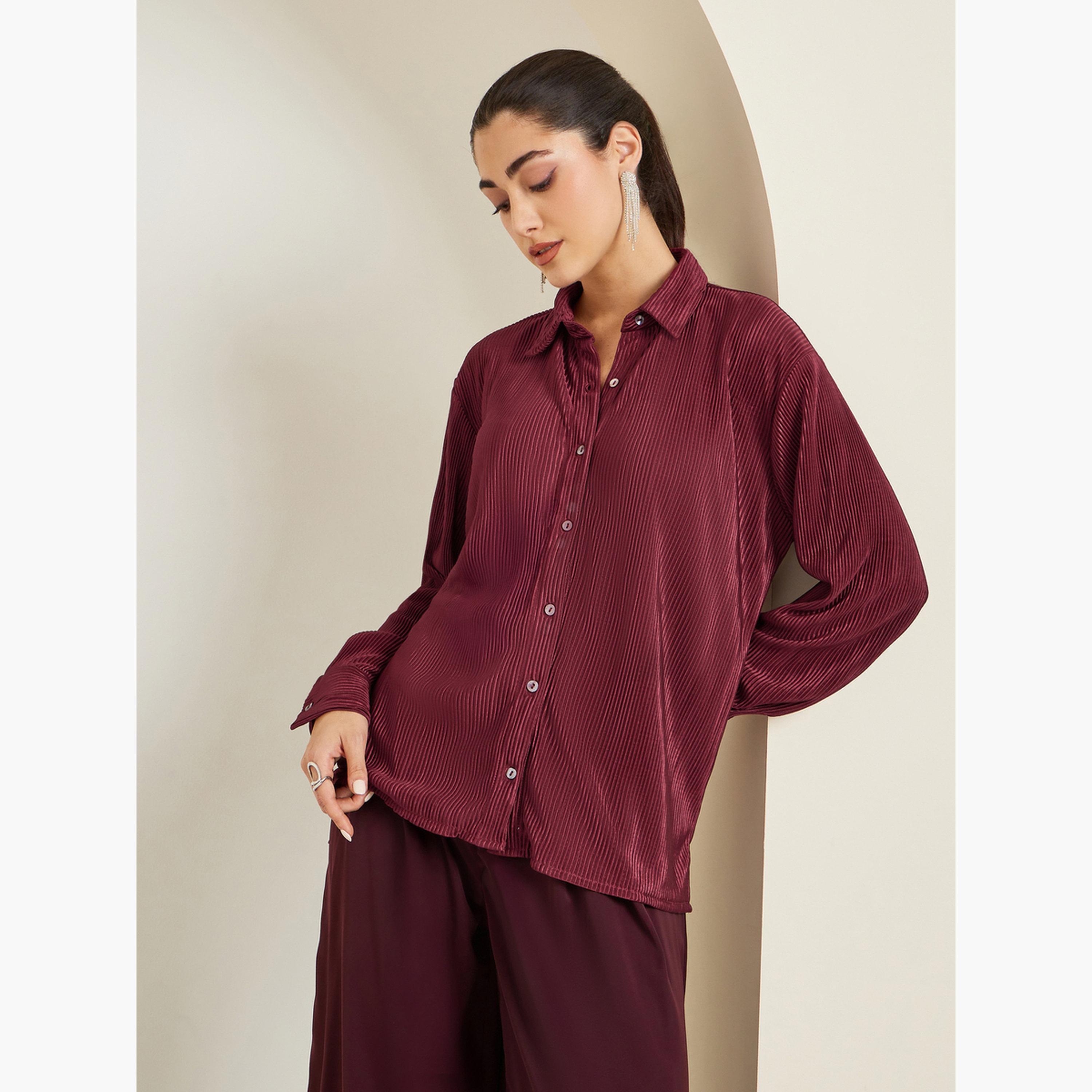 Styli Women Burgundy Oversized Plisse Shirt-women-clothing-shirtsandblouses-shirts-image-3