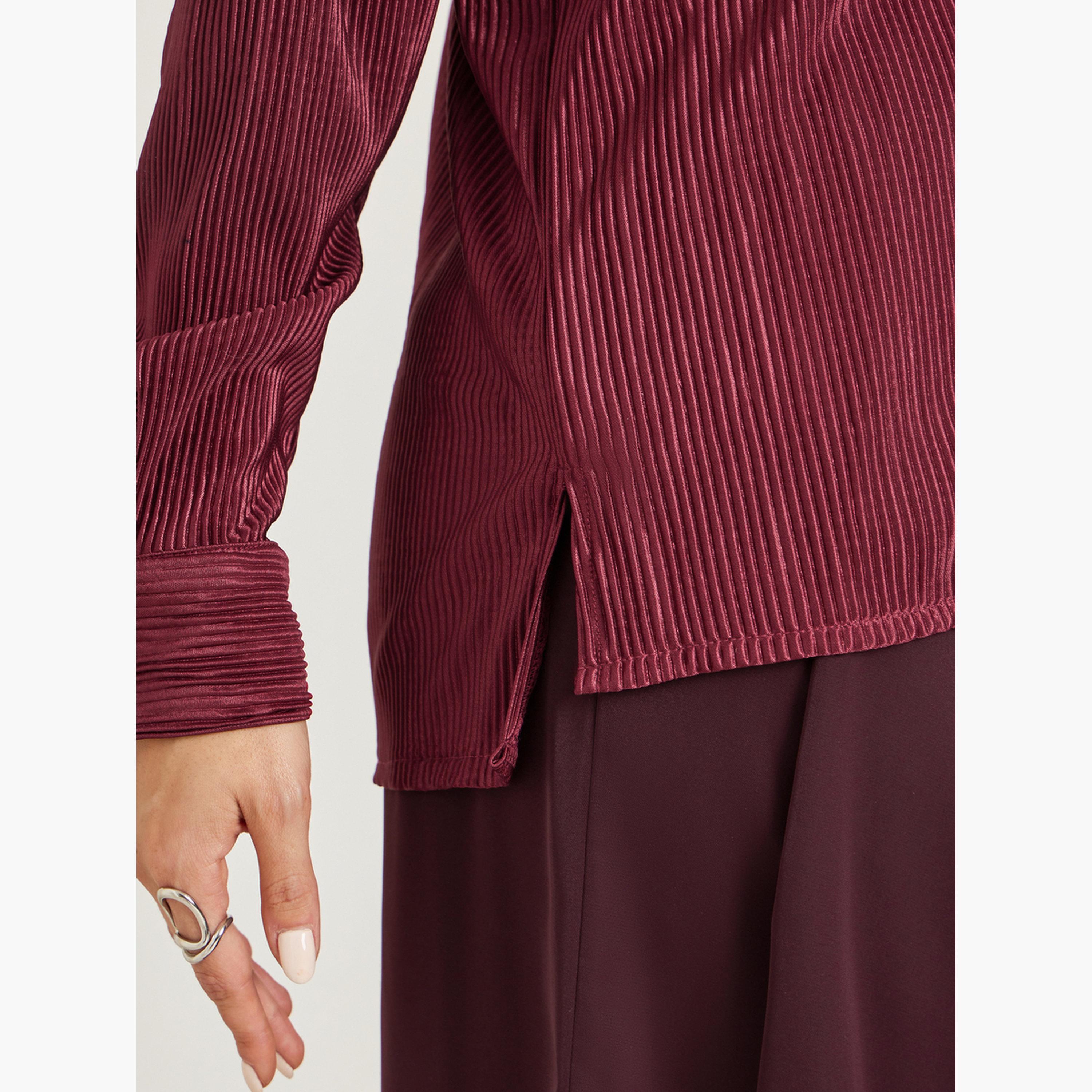 Styli Women Burgundy Oversized Plisse Shirt-women-clothing-shirtsandblouses-shirts-image-4