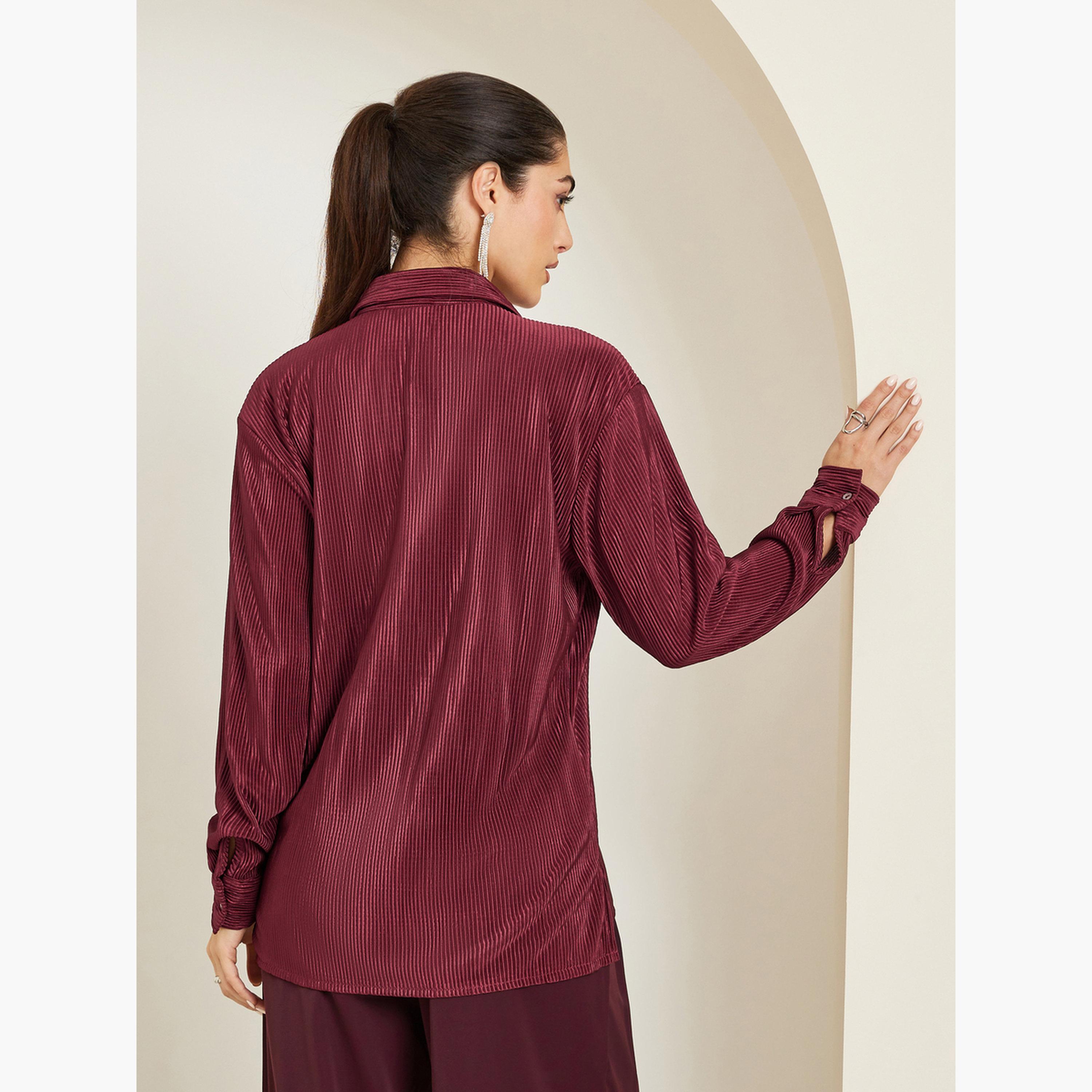 Styli Women Burgundy Oversized Plisse Shirt-women-clothing-shirtsandblouses-shirts-image-5