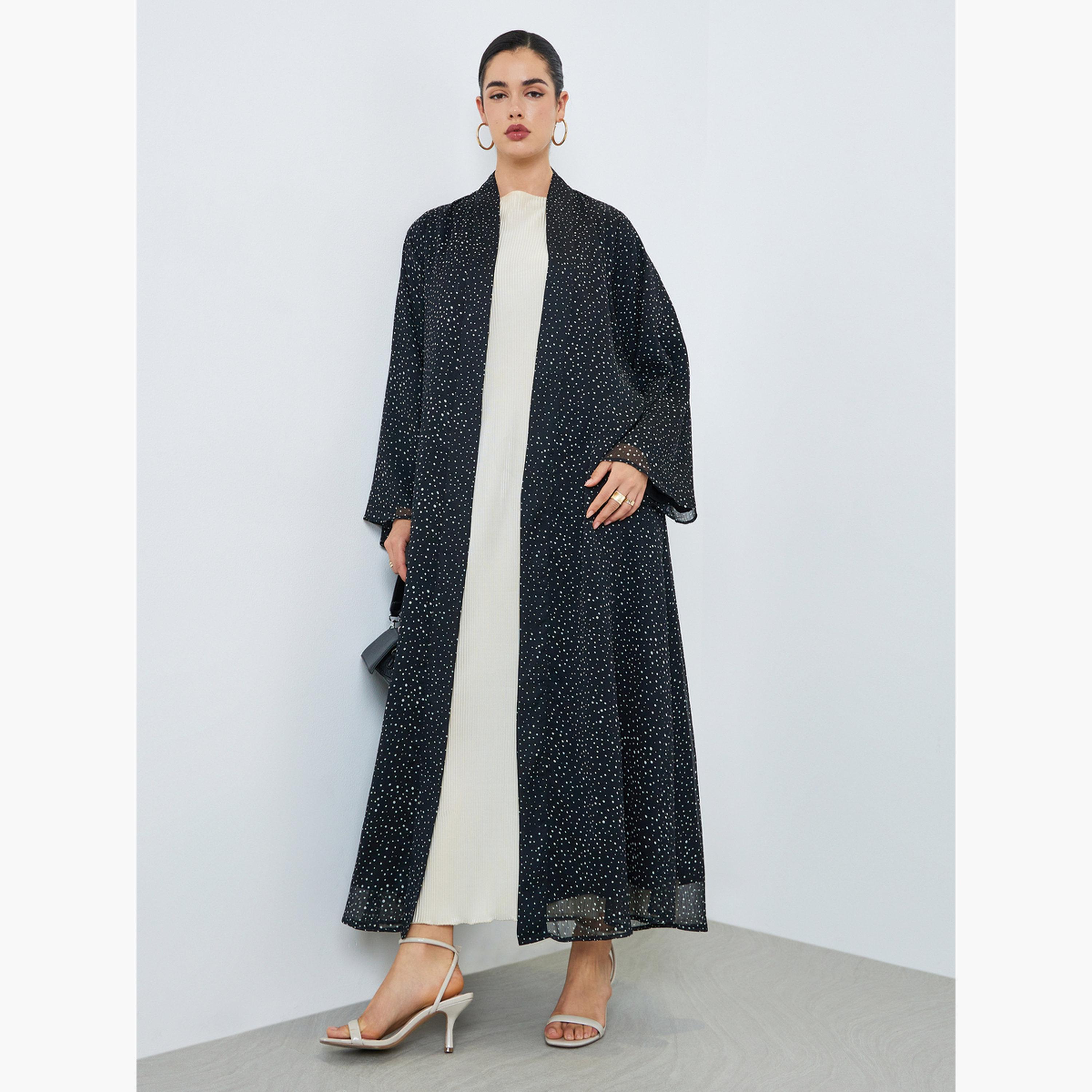 Styli Women Black Polka Dot Chiffon Abaya-women-arabicclothing-abayas-image-1