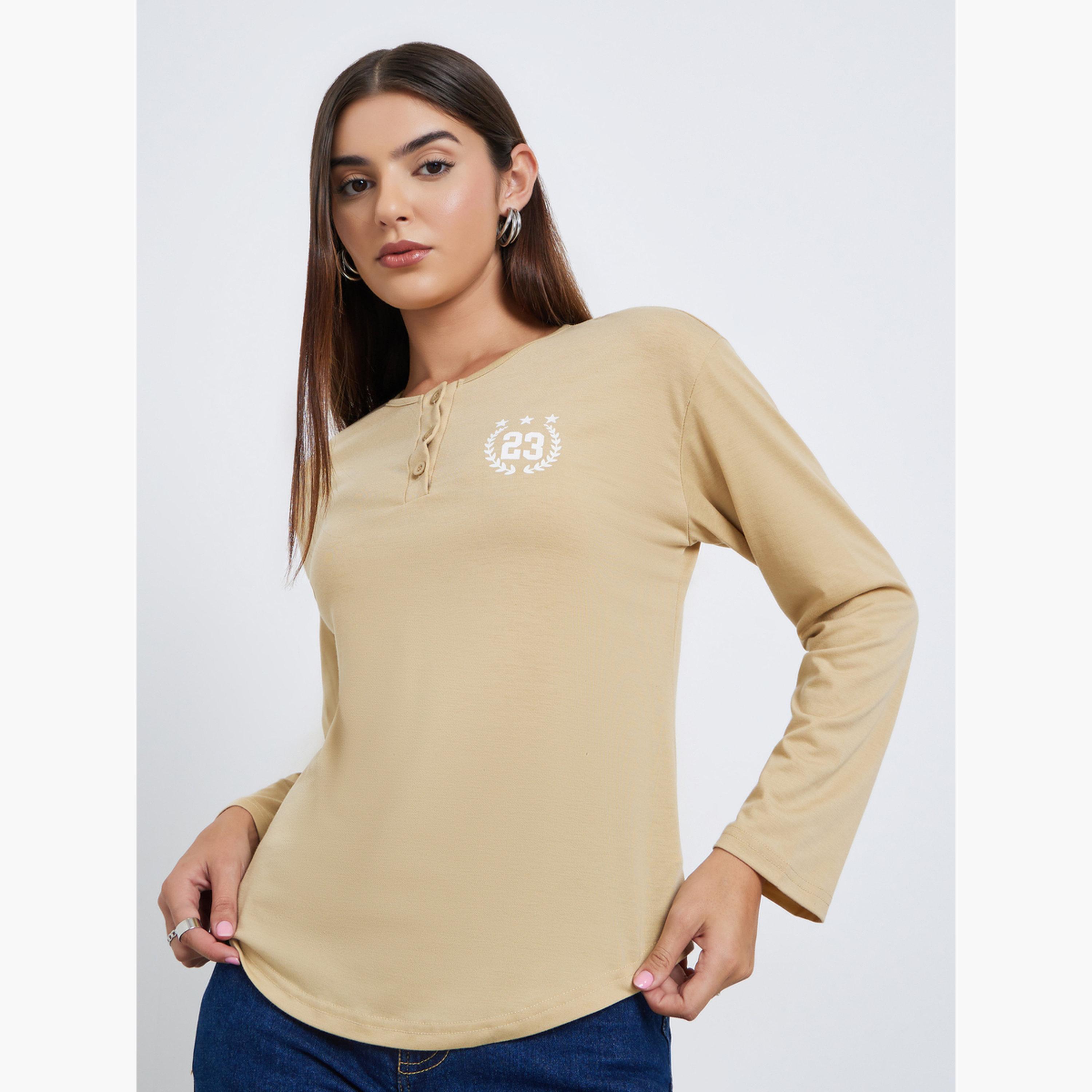 Styli Women Beige Graphic Print Henley Neck T-Shirt-women-clothing-tshirts-image-1