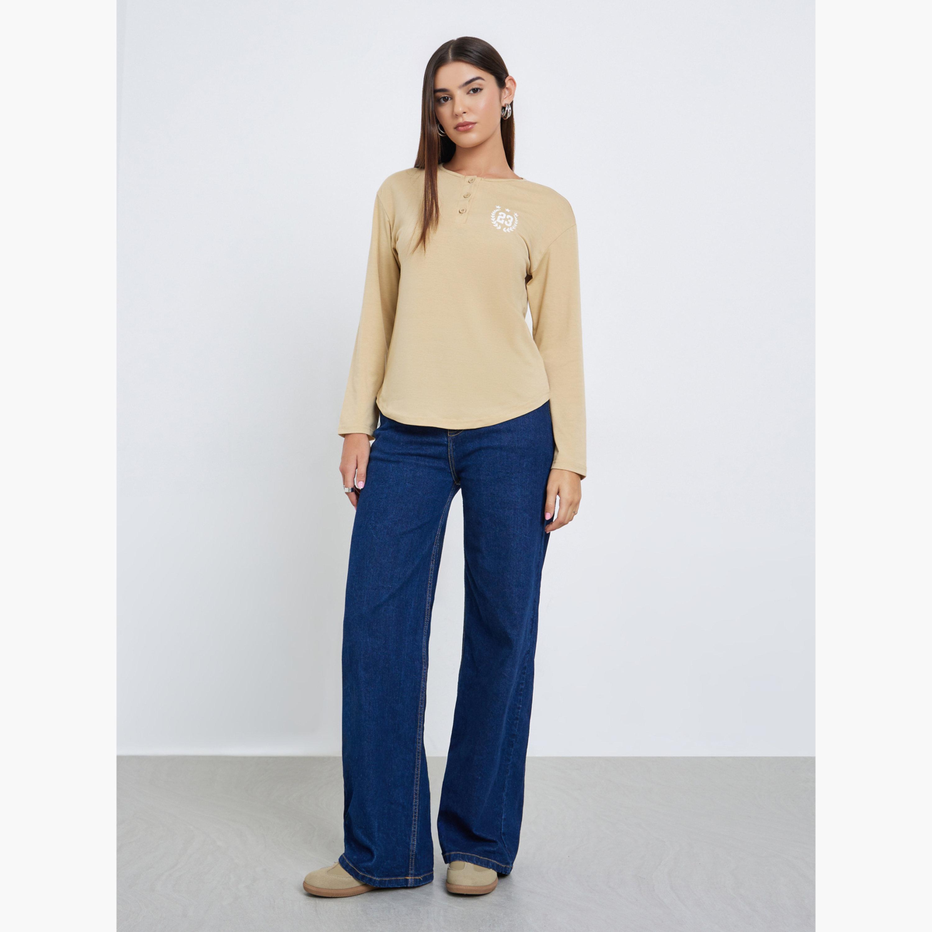 Styli Women Beige Graphic Print Henley Neck T-Shirt-women-clothing-tshirts-image-2