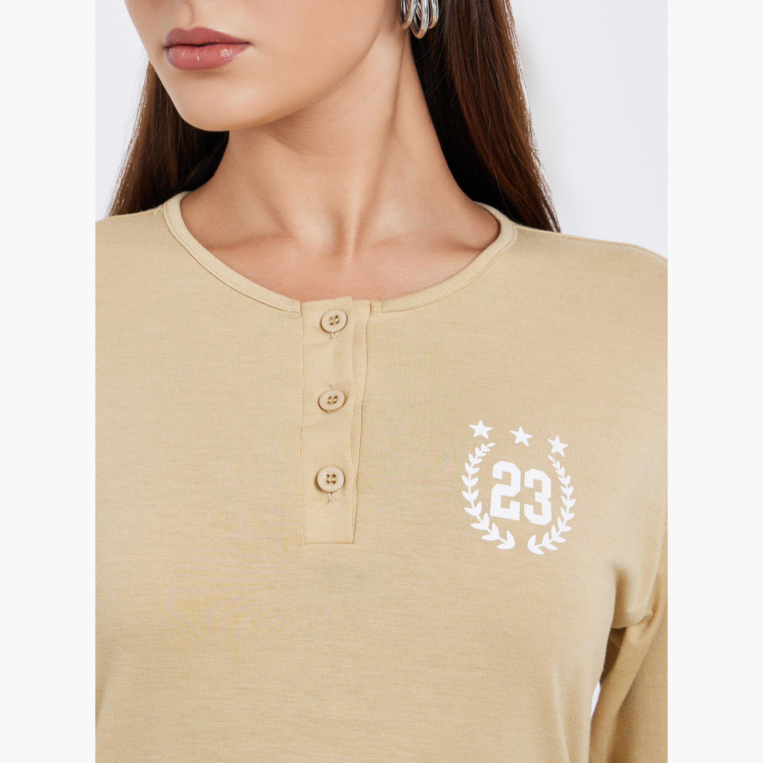Styli Women Beige Graphic Print Henley Neck T-Shirt-women-clothing-tshirts-image-3