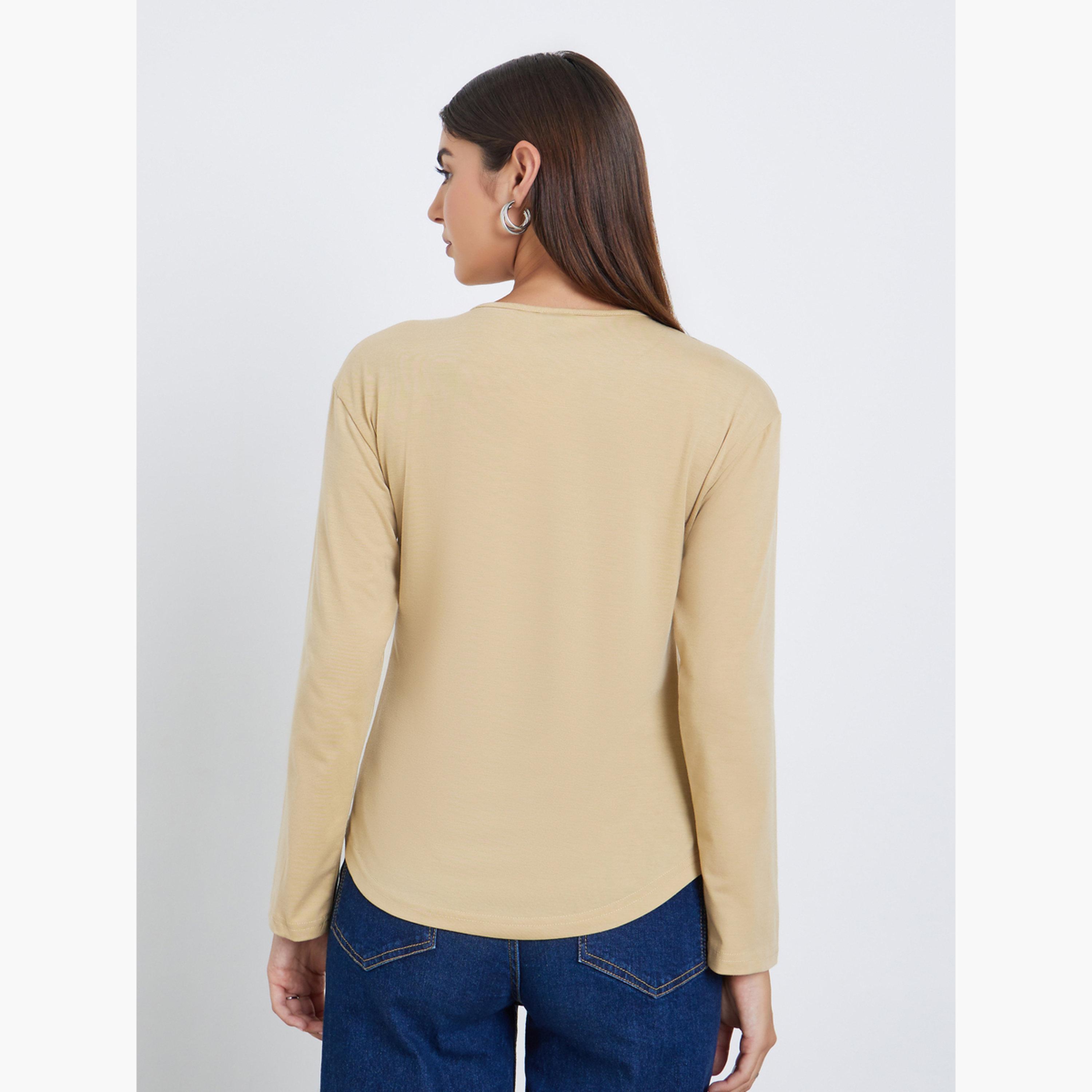 Styli Women Beige Graphic Print Henley Neck T-Shirt-women-clothing-tshirts-image-4
