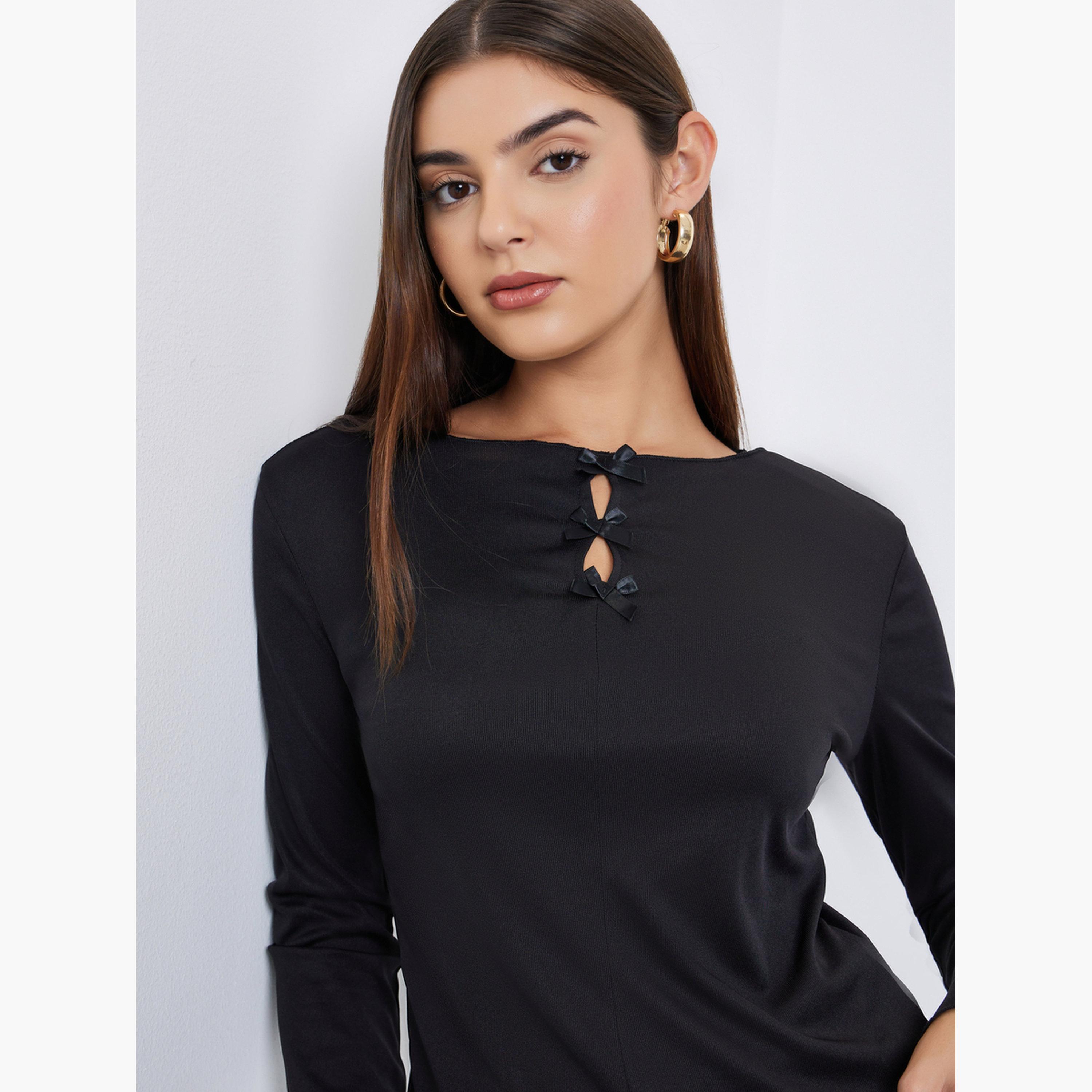 Styli Women Black Bow Embellished Textured T-Shirt-women-clothing-tshirts-image-3