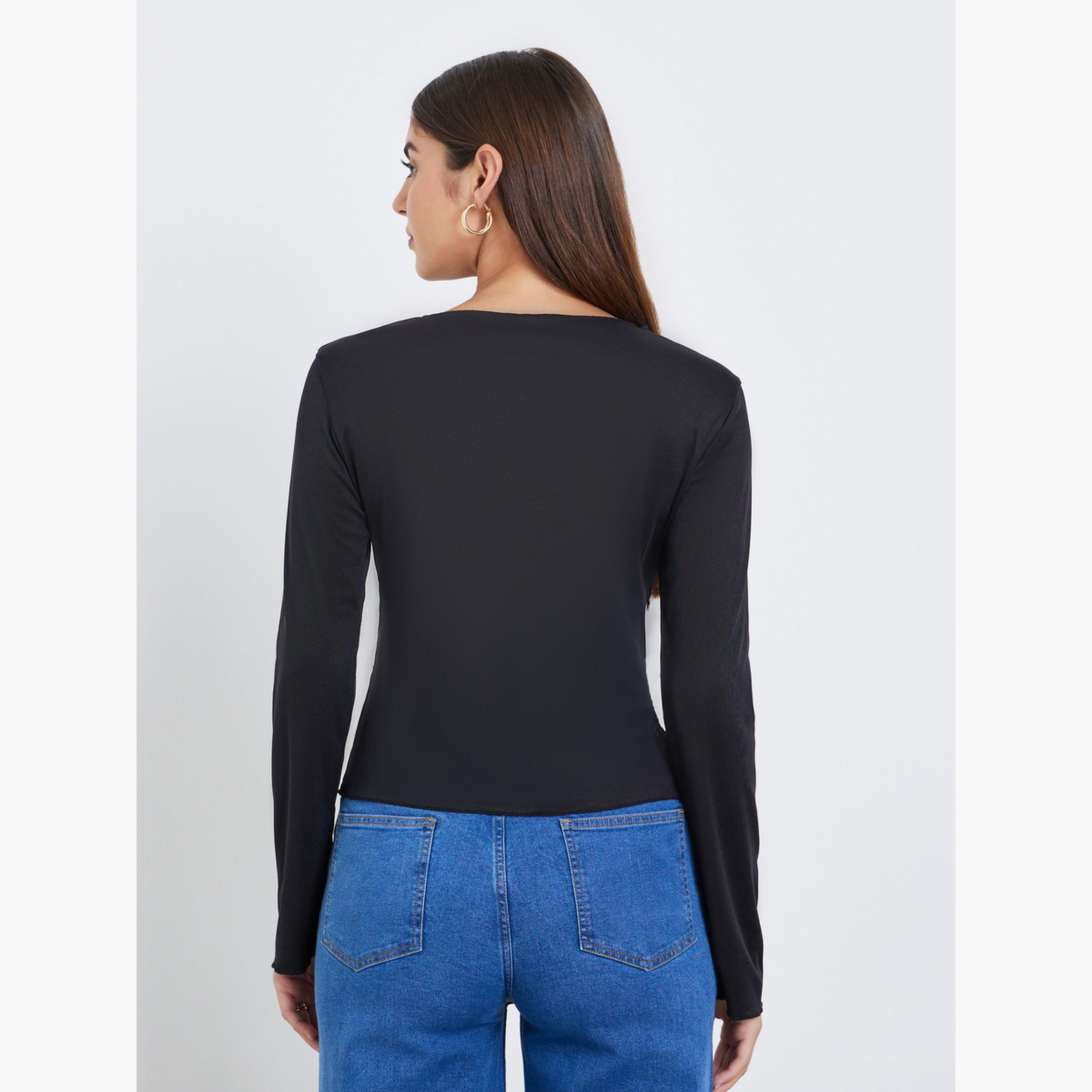 ستايلي - تي شيرت أسود مزخرف بفيونكة للنساء-women-clothing-tshirts-image-5