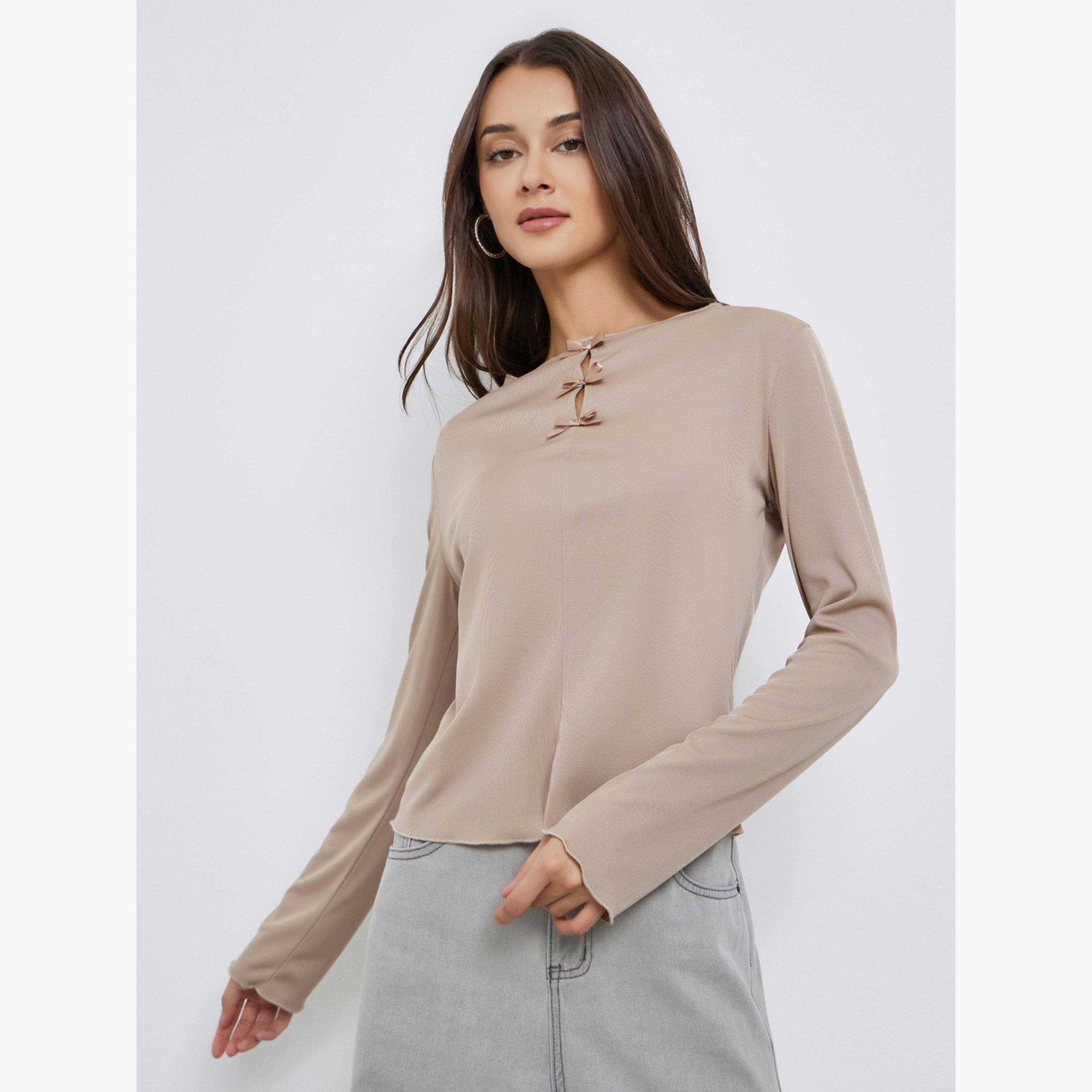 Styli Women Beige Bow-Detail Long Sleeve T-Shirt-women-clothing-tshirts-image-1