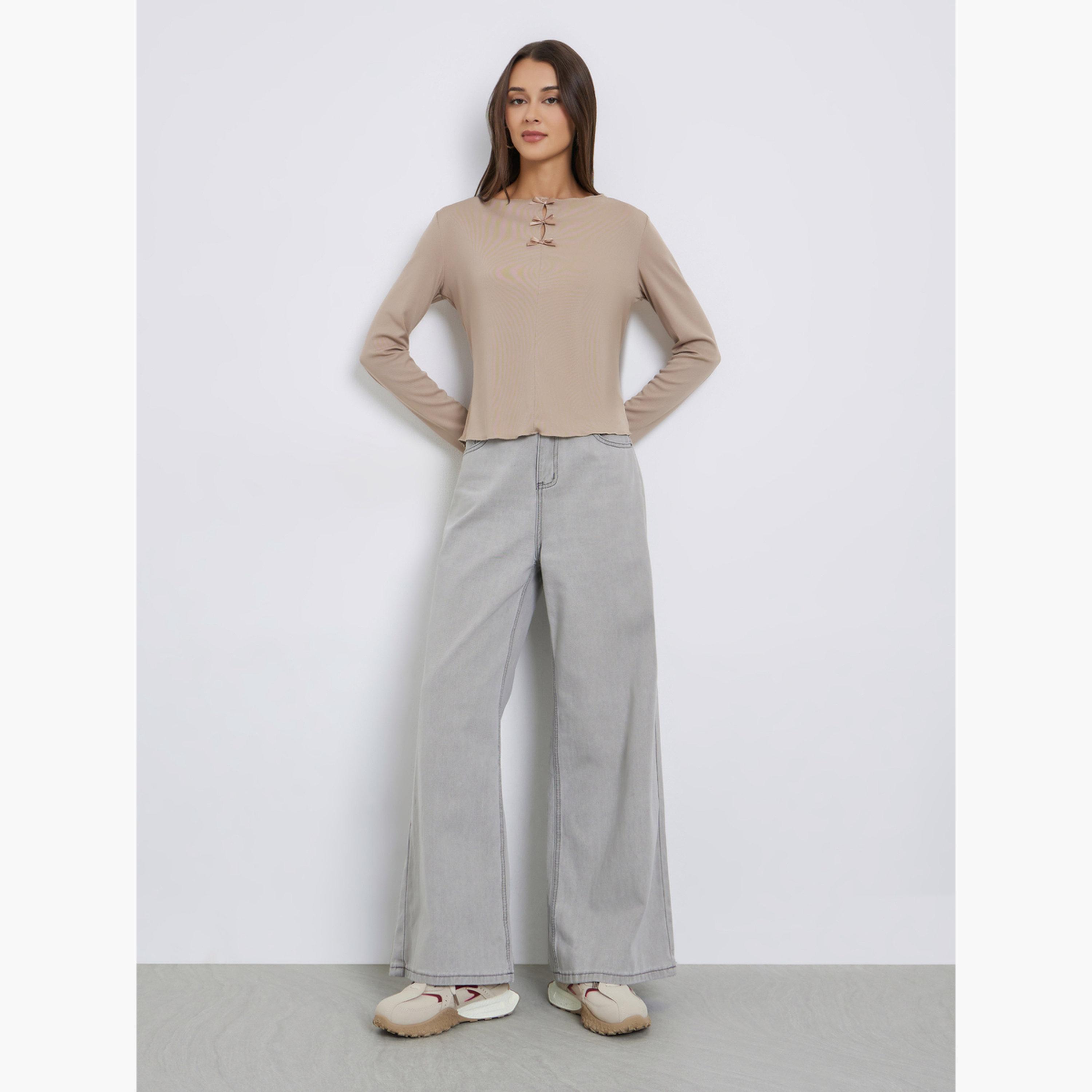 Styli Women Beige Bow-Detail Long Sleeve T-Shirt-women-clothing-tshirts-image-2