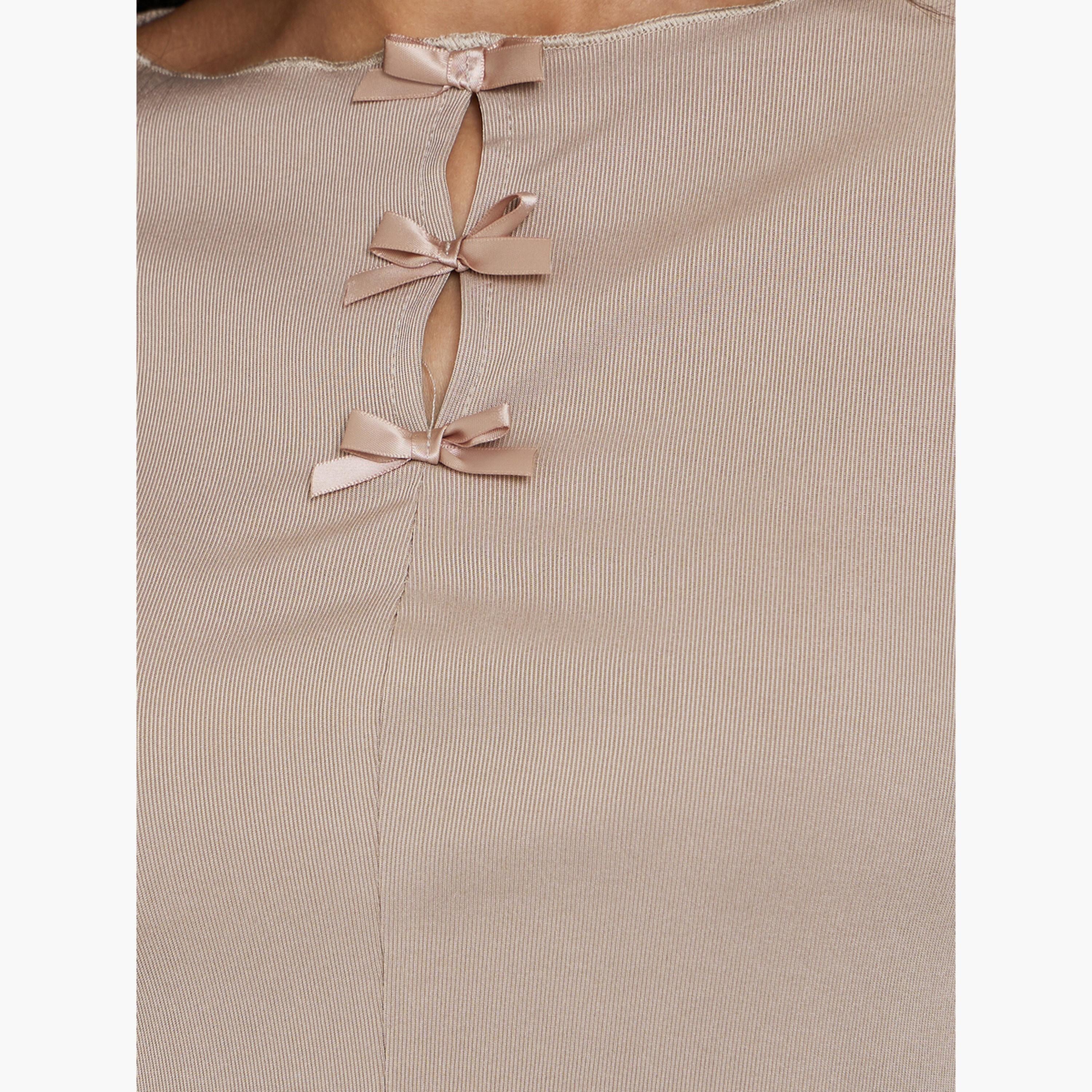Styli Women Beige Bow-Detail Long Sleeve T-Shirt-women-clothing-tshirts-image-3