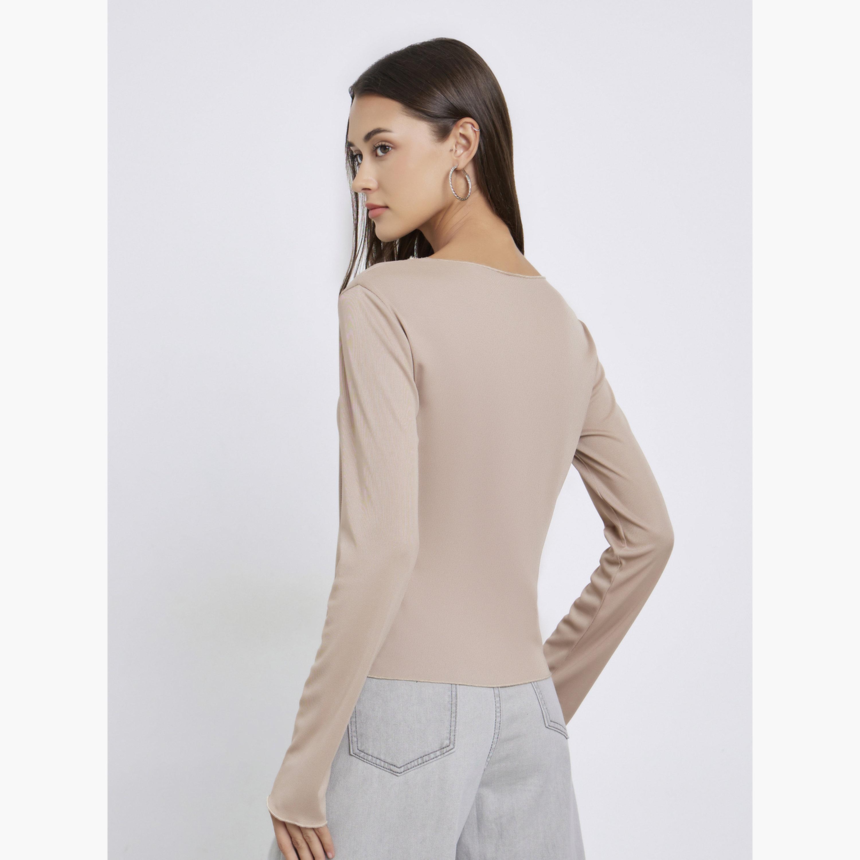 Styli Women Beige Bow-Detail Long Sleeve T-Shirt-women-clothing-tshirts-image-4