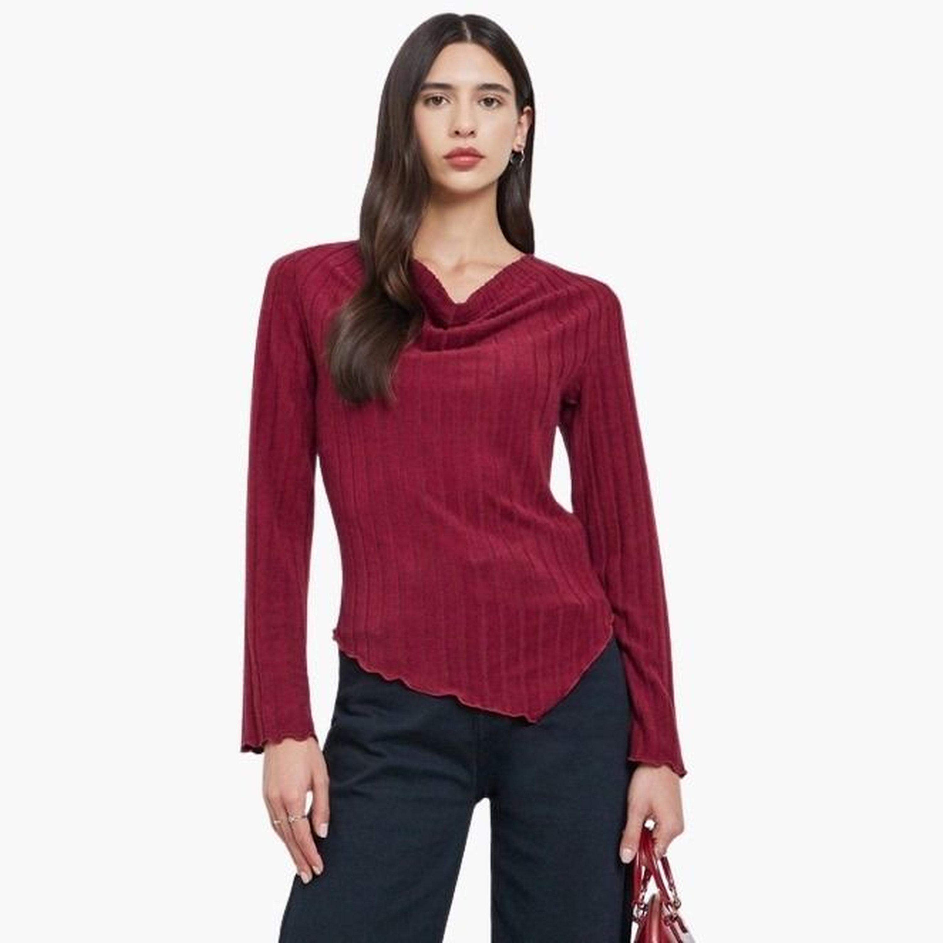 Styli Women Red Knitted Cowl Neck Long Sleeve T-Shirt-women-clothing-tshirts-image-1