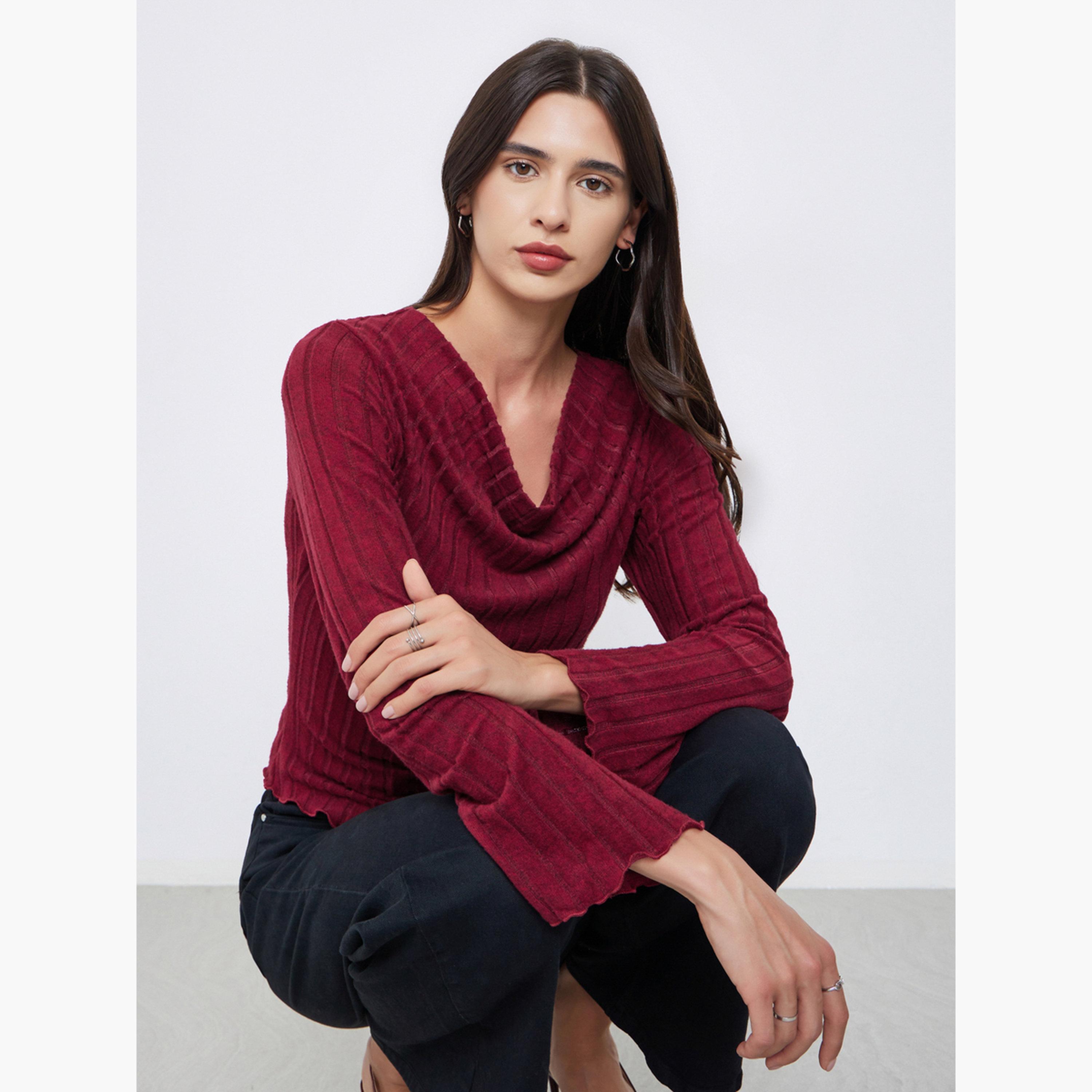 Styli Women Red Knitted Cowl Neck Long Sleeve T-Shirt-women-clothing-tshirts-image-2